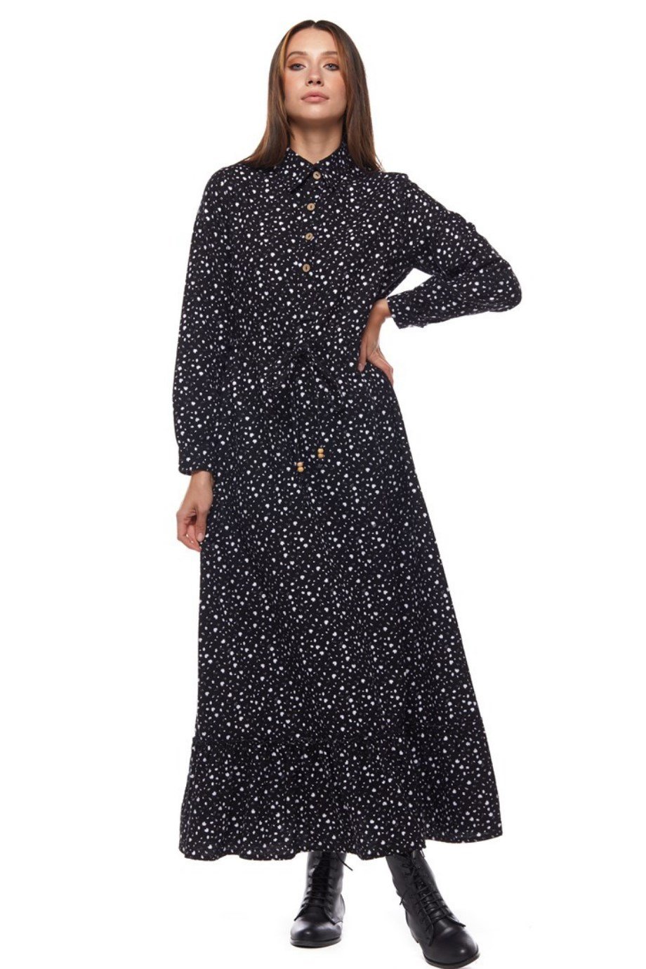 Pazen Beyaz Çıtır Desen Uzun Elbise