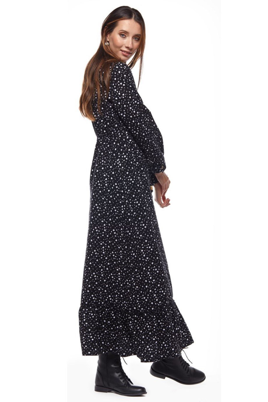 Pazen Beyaz Çıtır Desen Uzun Elbise