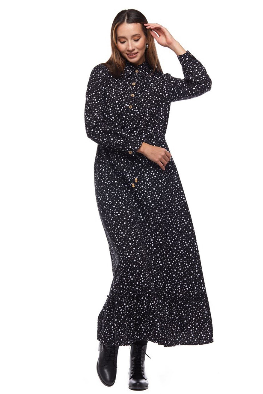 Pazen Beyaz Çıtır Desen Uzun Elbise