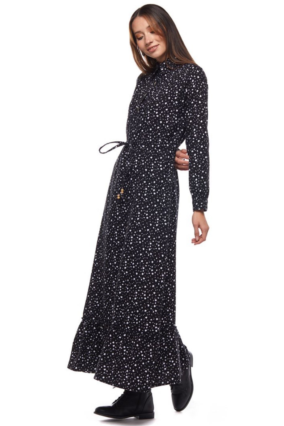 Pazen Beyaz Çıtır Desen Uzun Elbise