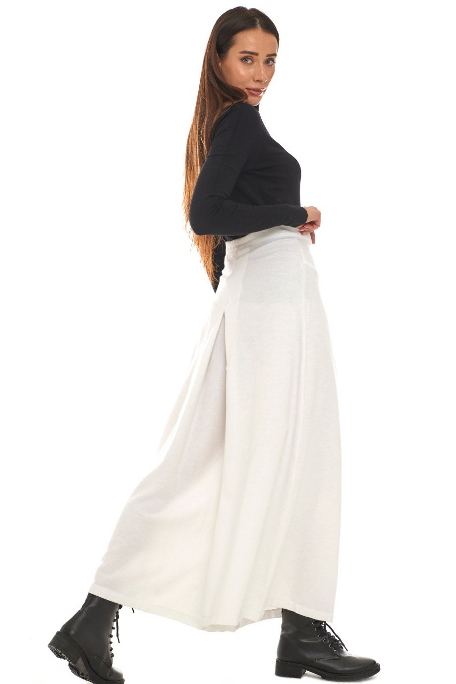 Pazen Beyaz Pileli Geniş Paça Pantolon