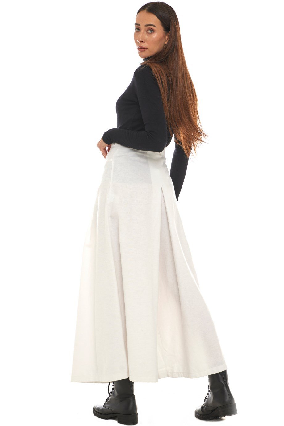 Pazen Beyaz Pileli Geniş Paça Pantolon