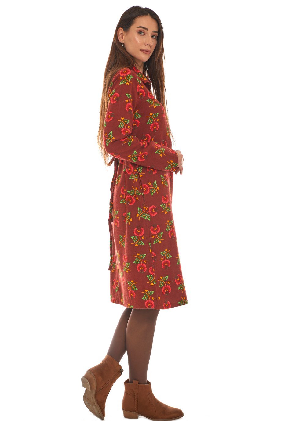 Pazen Bordo Çiçek Desenli Cepli Elbise