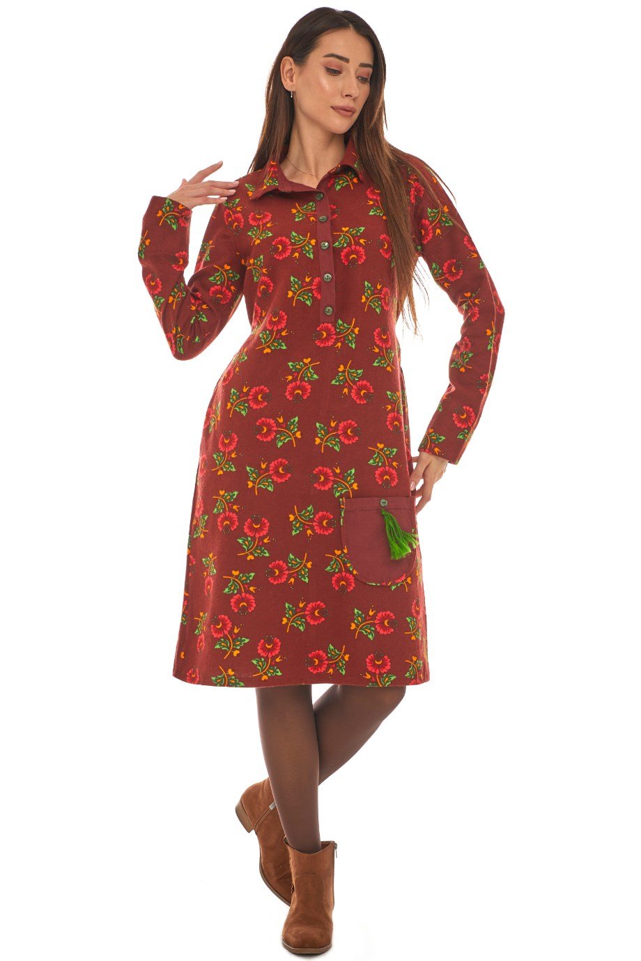 Pazen Bordo Çiçek Desenli Cepli Elbise