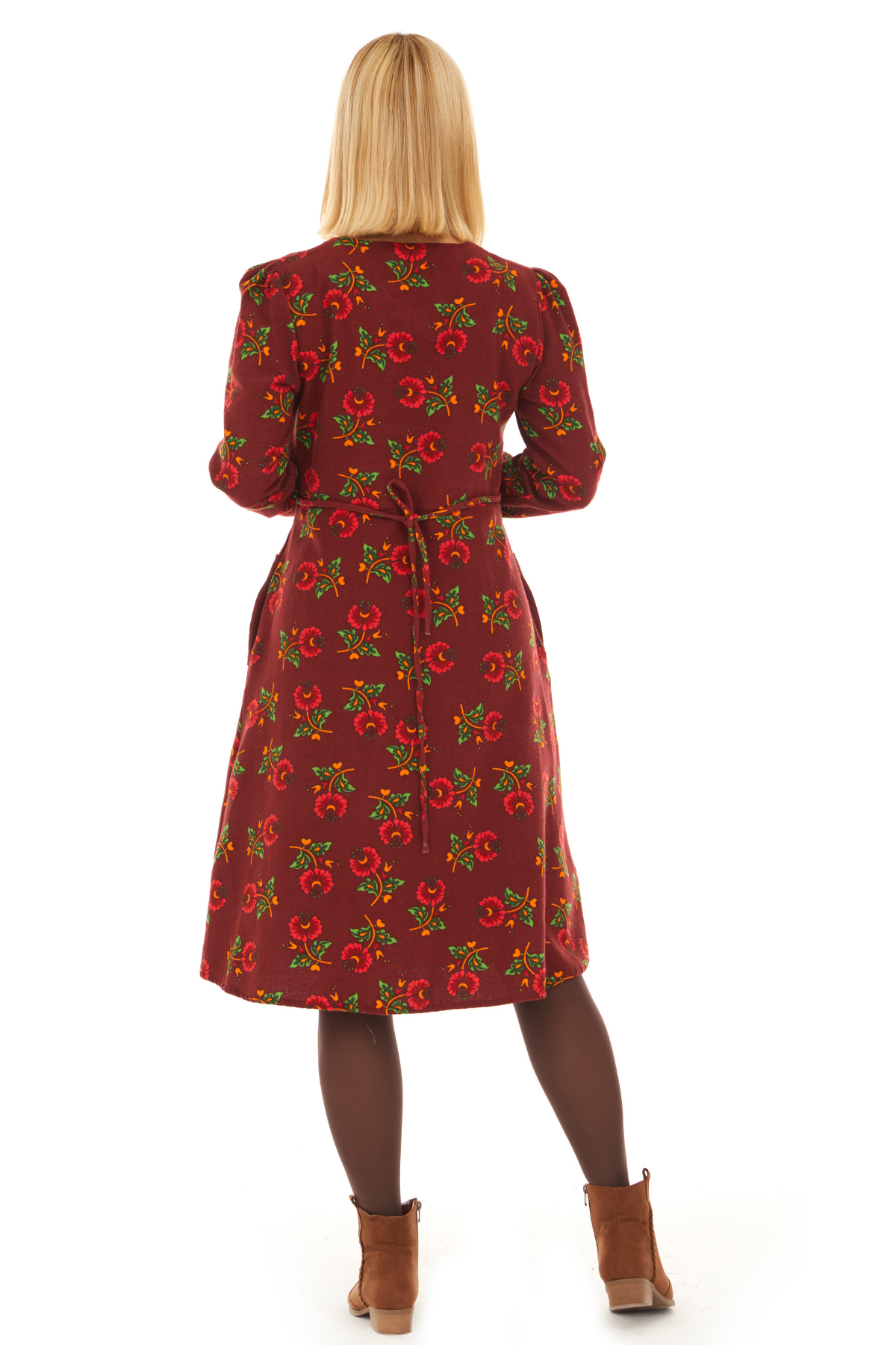 Pazen Bordo Çiçekli Sonbahar ve Kışlık Elbise