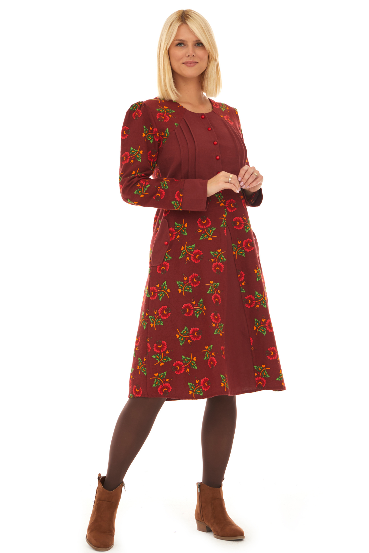 Pazen Bordo Çiçekli Sonbahar ve Kışlık Elbise