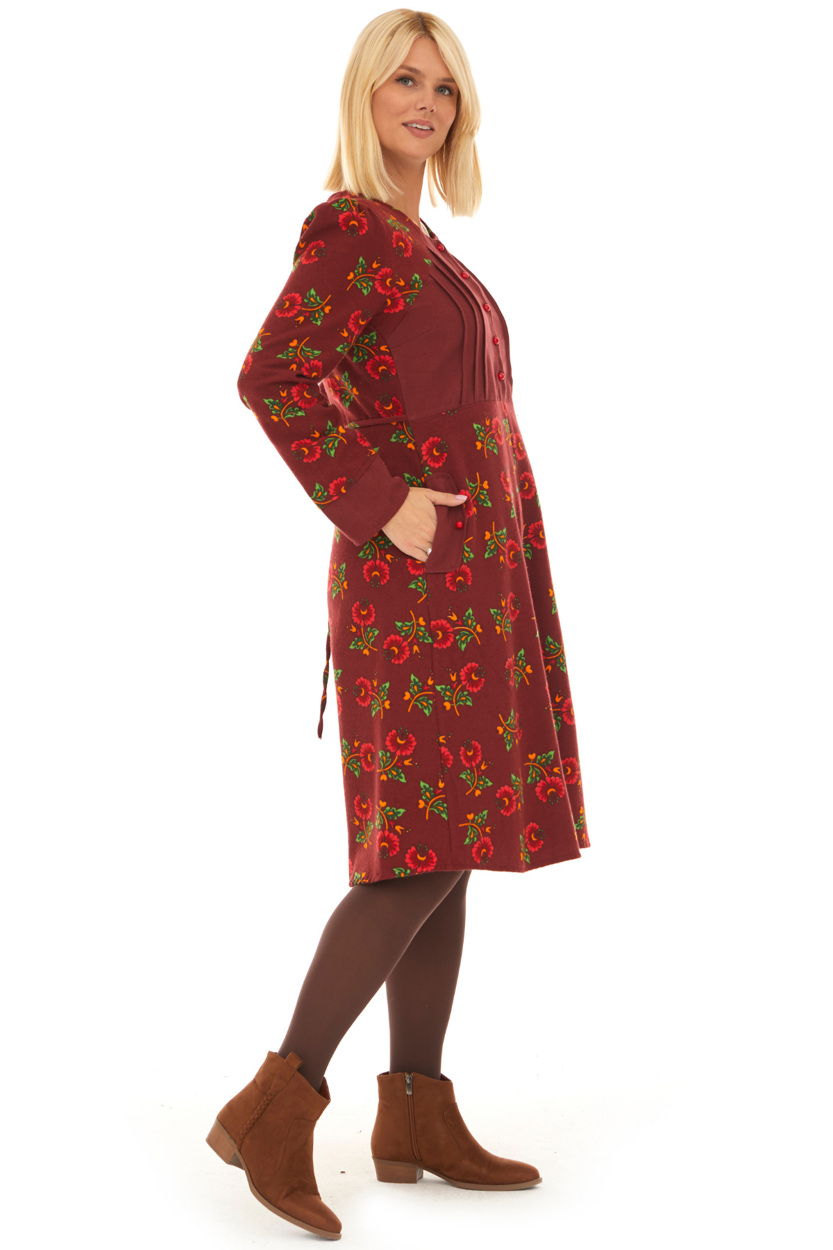 Pazen Bordo Çiçekli Sonbahar ve Kışlık Elbise