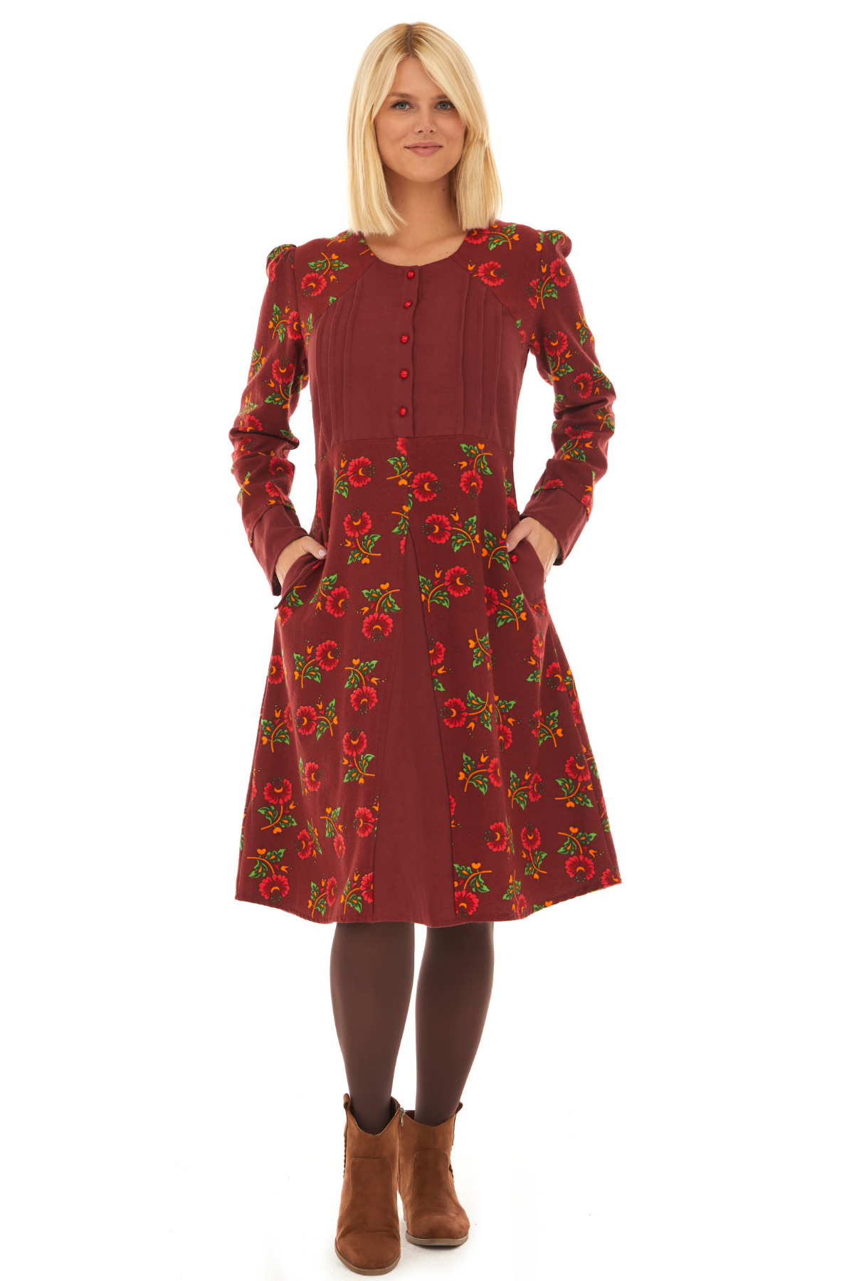 Pazen Bordo Çiçekli Sonbahar ve Kışlık Elbise