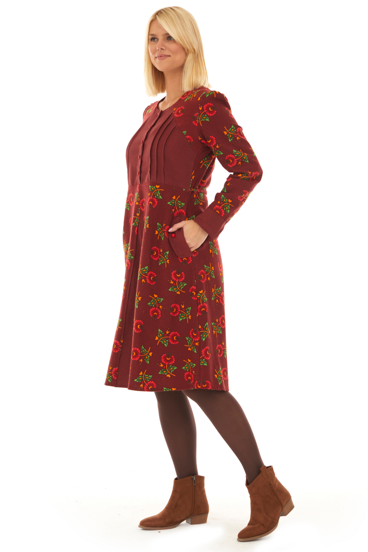 Pazen Bordo Çiçekli Sonbahar ve Kışlık Elbise