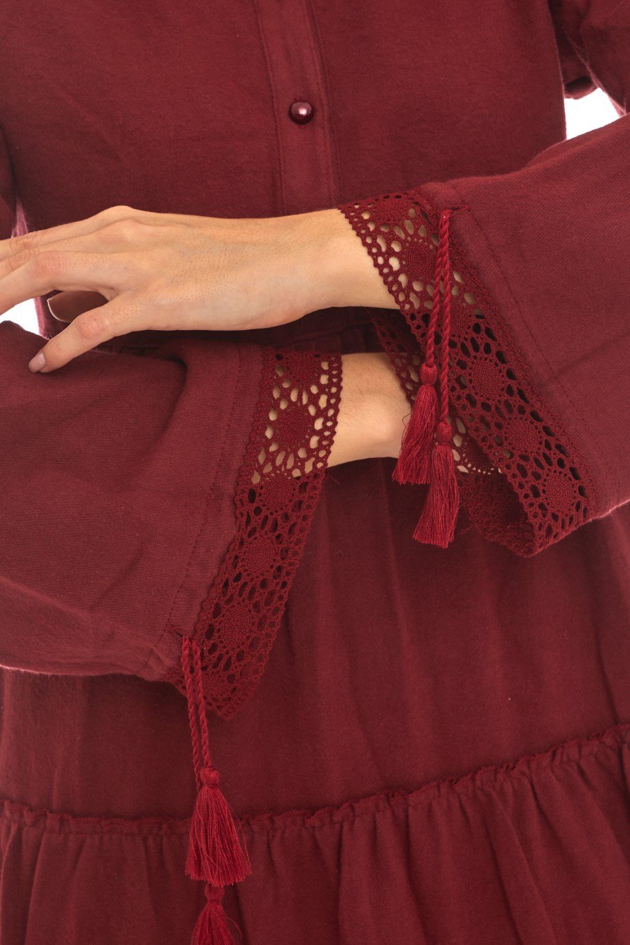 Pazen Bordo Dantelli Düz Desen Uzun Elbise