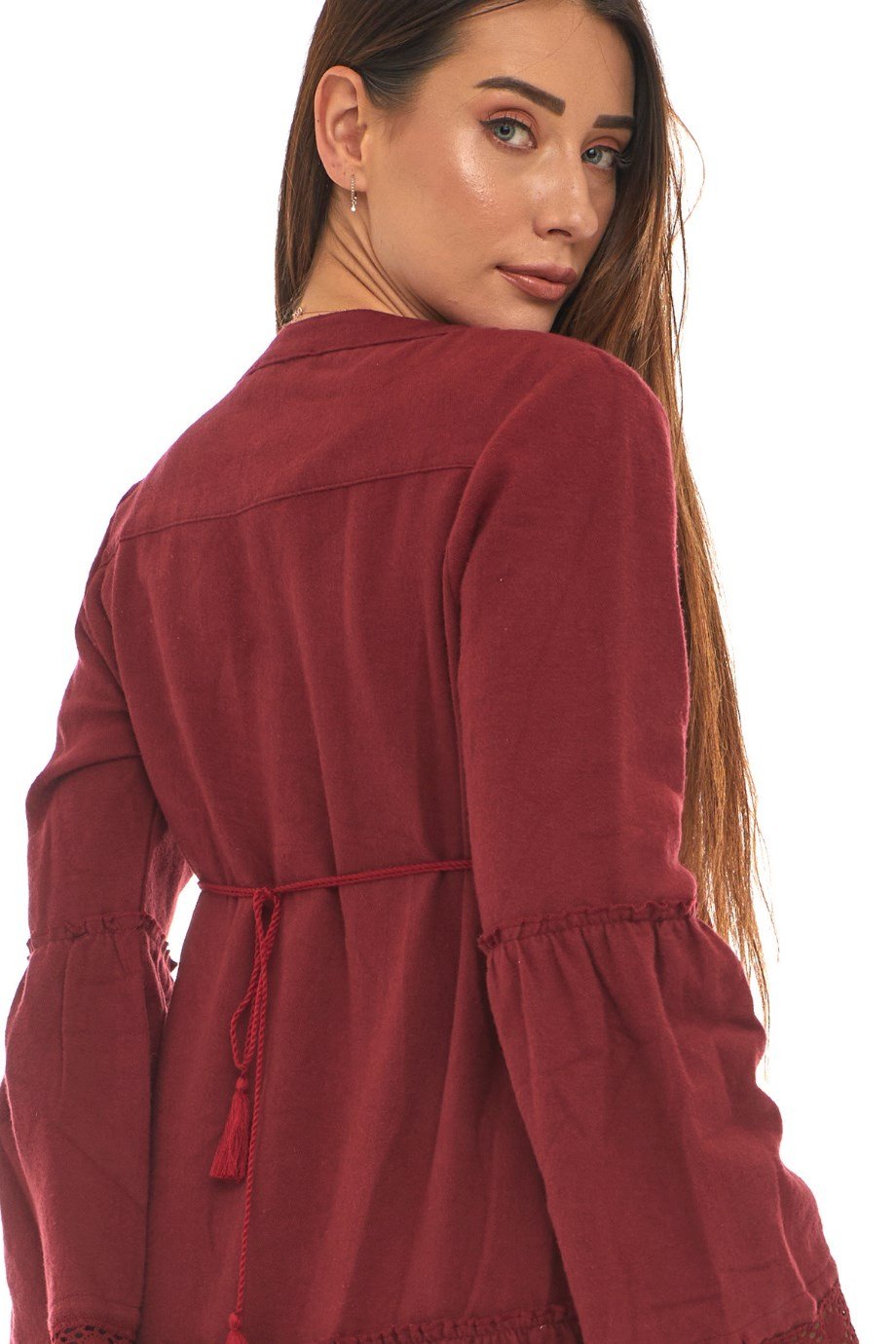 Pazen Bordo Dantelli Düz Desen Uzun Elbise