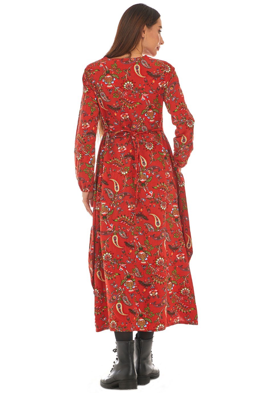 Pazen Bordo Desenli Uzun Elbise