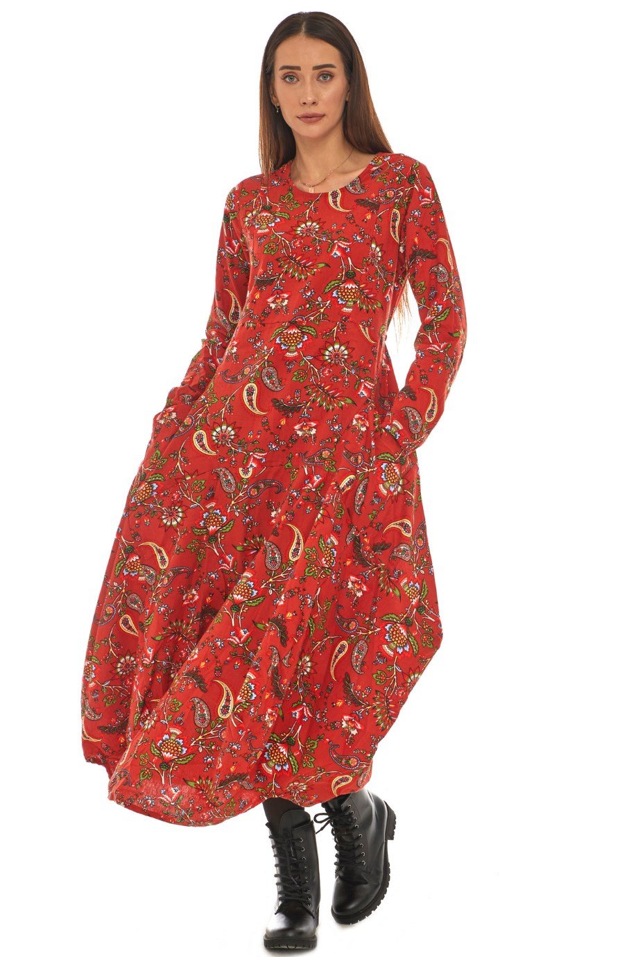 Pazen Bordo Desenli Uzun Elbise