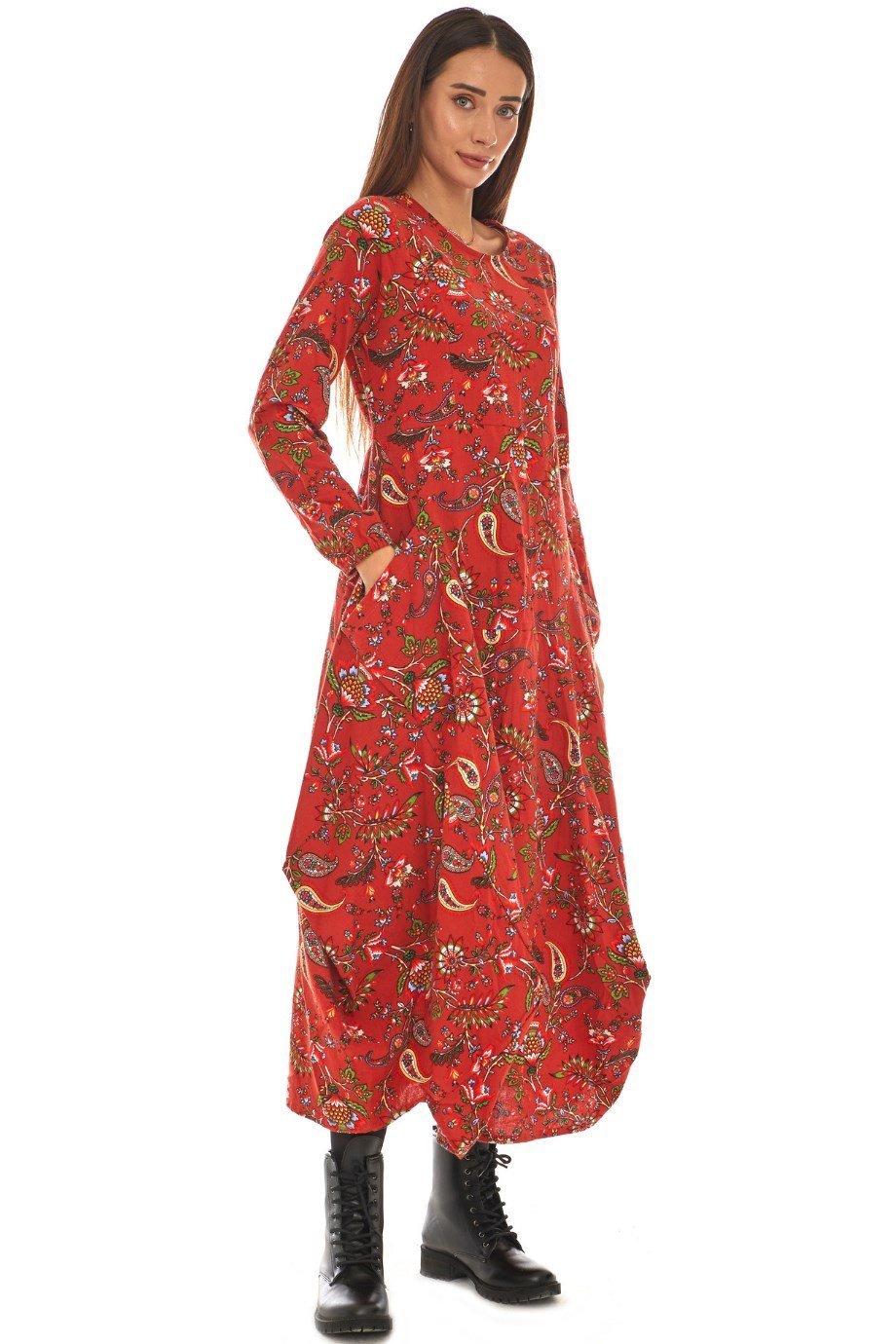 Pazen Bordo Desenli Uzun Elbise