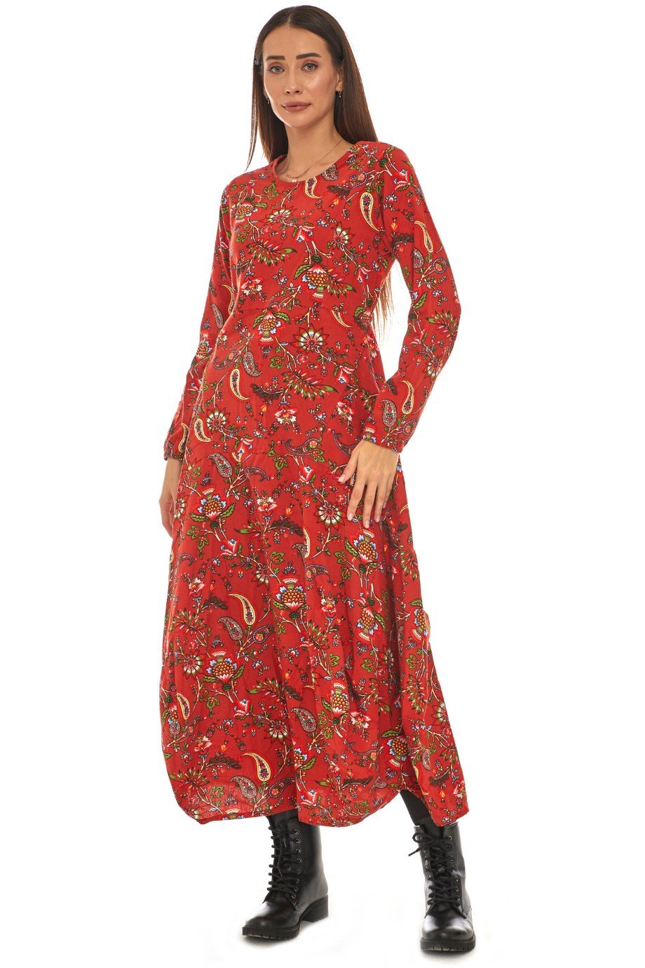 Pazen Bordo Desenli Uzun Elbise