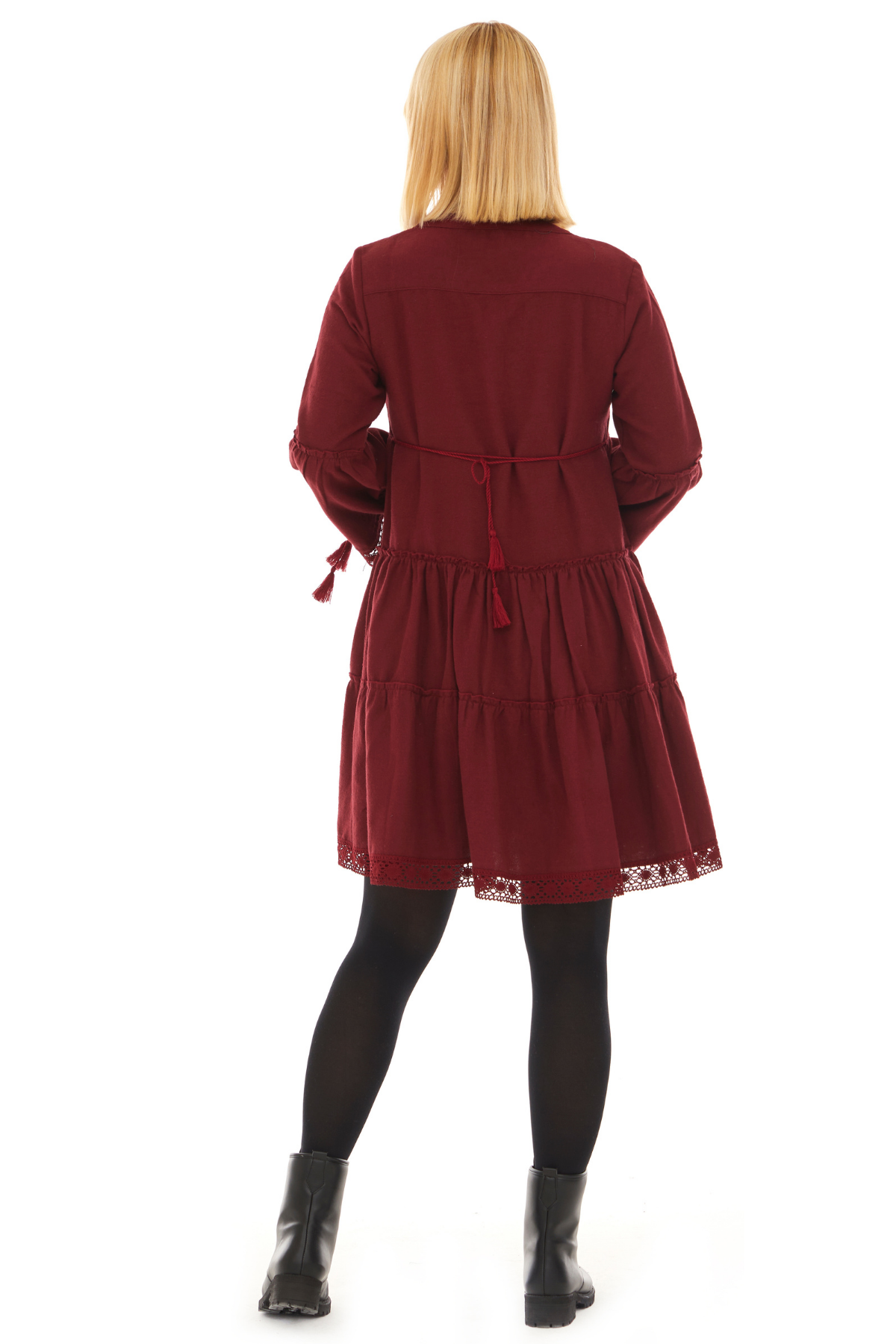 Pazen Bordo Düz Desen Kısa Sonbahar Kış Elbise