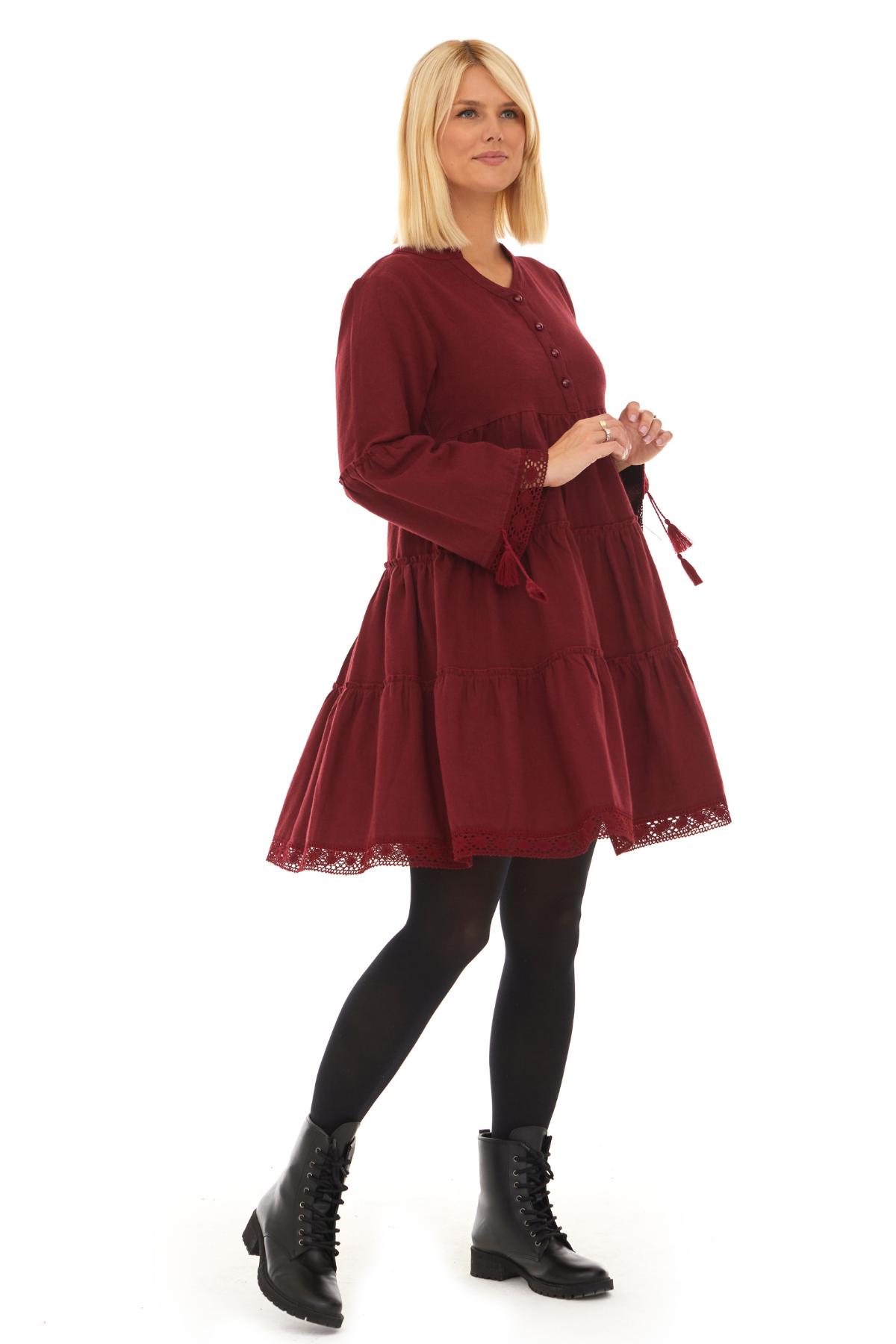 Pazen Bordo Düz Desen Kısa Sonbahar Kış Elbise