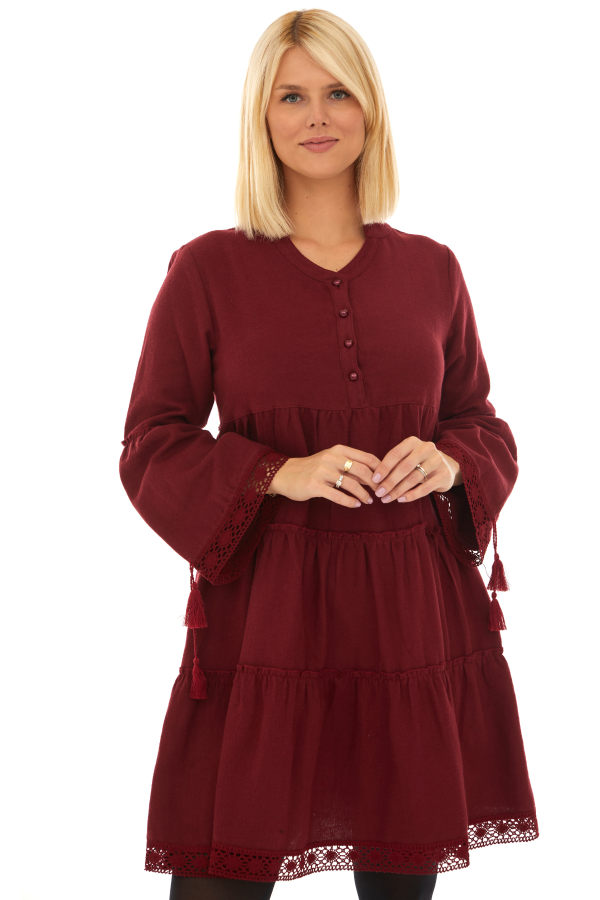 Pazen Bordo Düz Desen Kısa Sonbahar Kış Elbise