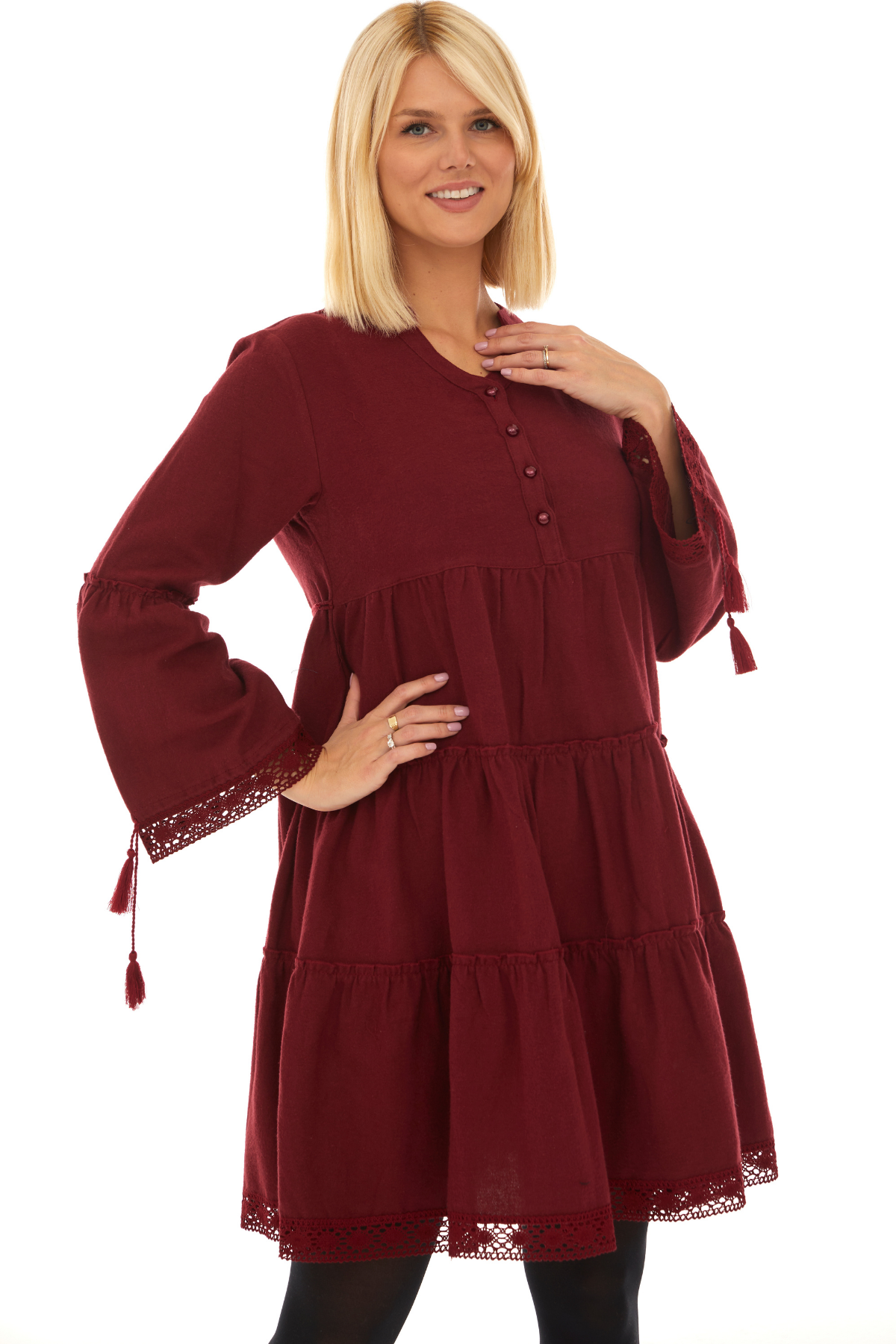 Pazen Bordo Düz Desen Kısa Sonbahar Kış Elbise