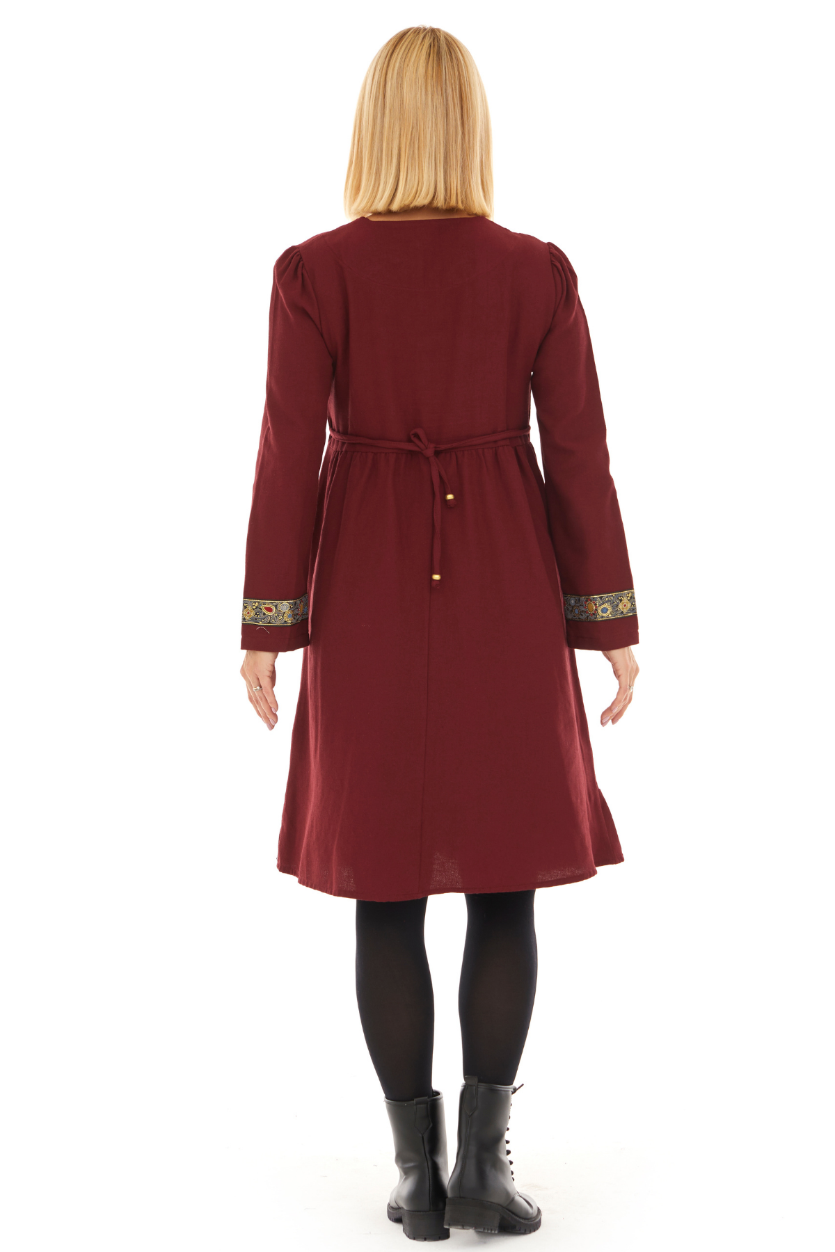 Pazen Bordo işleme Detaylı Midi Sonbahar Kış Elbise