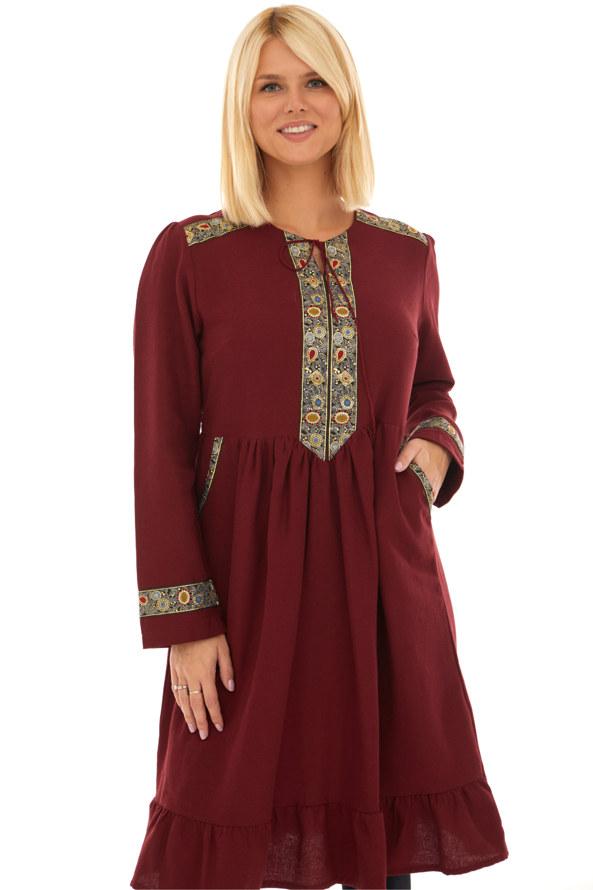 Pazen Bordo işleme Detaylı Midi Sonbahar Kış Elbise