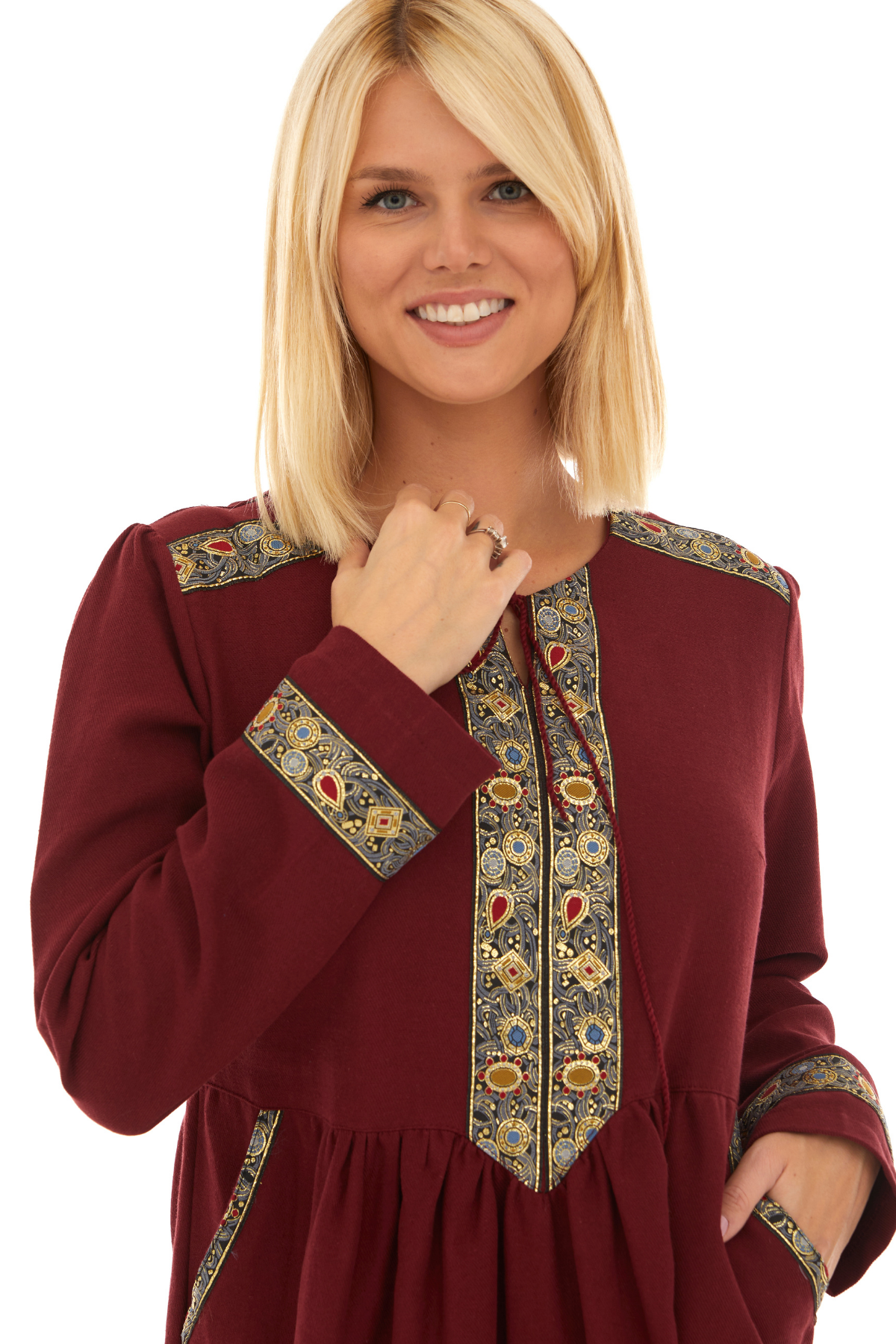 Pazen Bordo işleme Detaylı Midi Sonbahar Kış Elbise