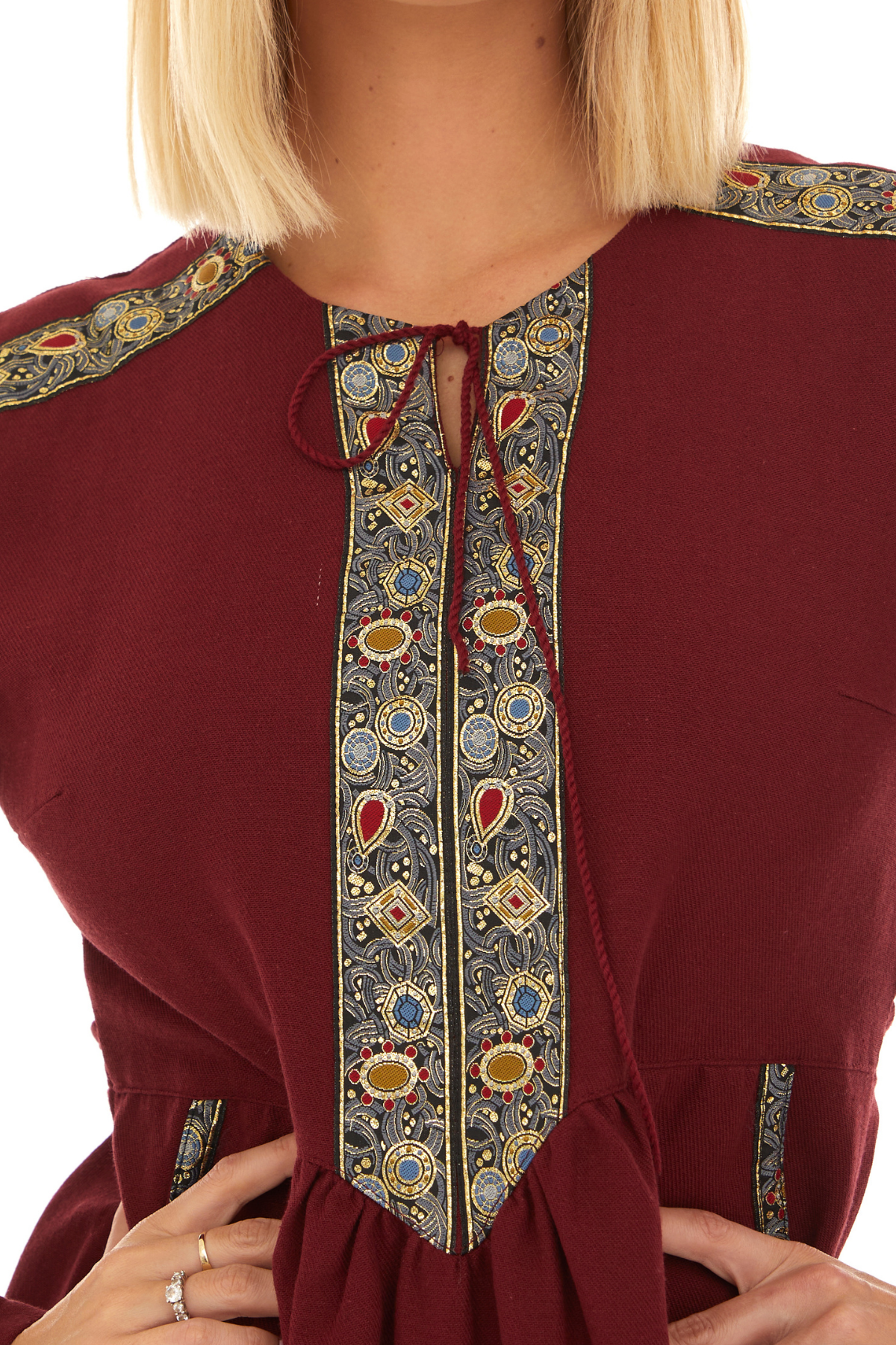 Pazen Bordo işleme Detaylı Midi Sonbahar Kış Elbise