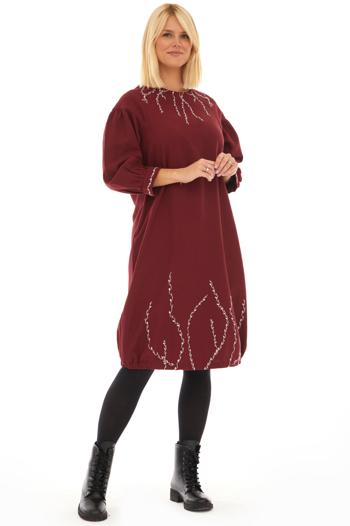 Pazen Bordo Sarmaşık İşlemeli Sonbahar Kış Elbise