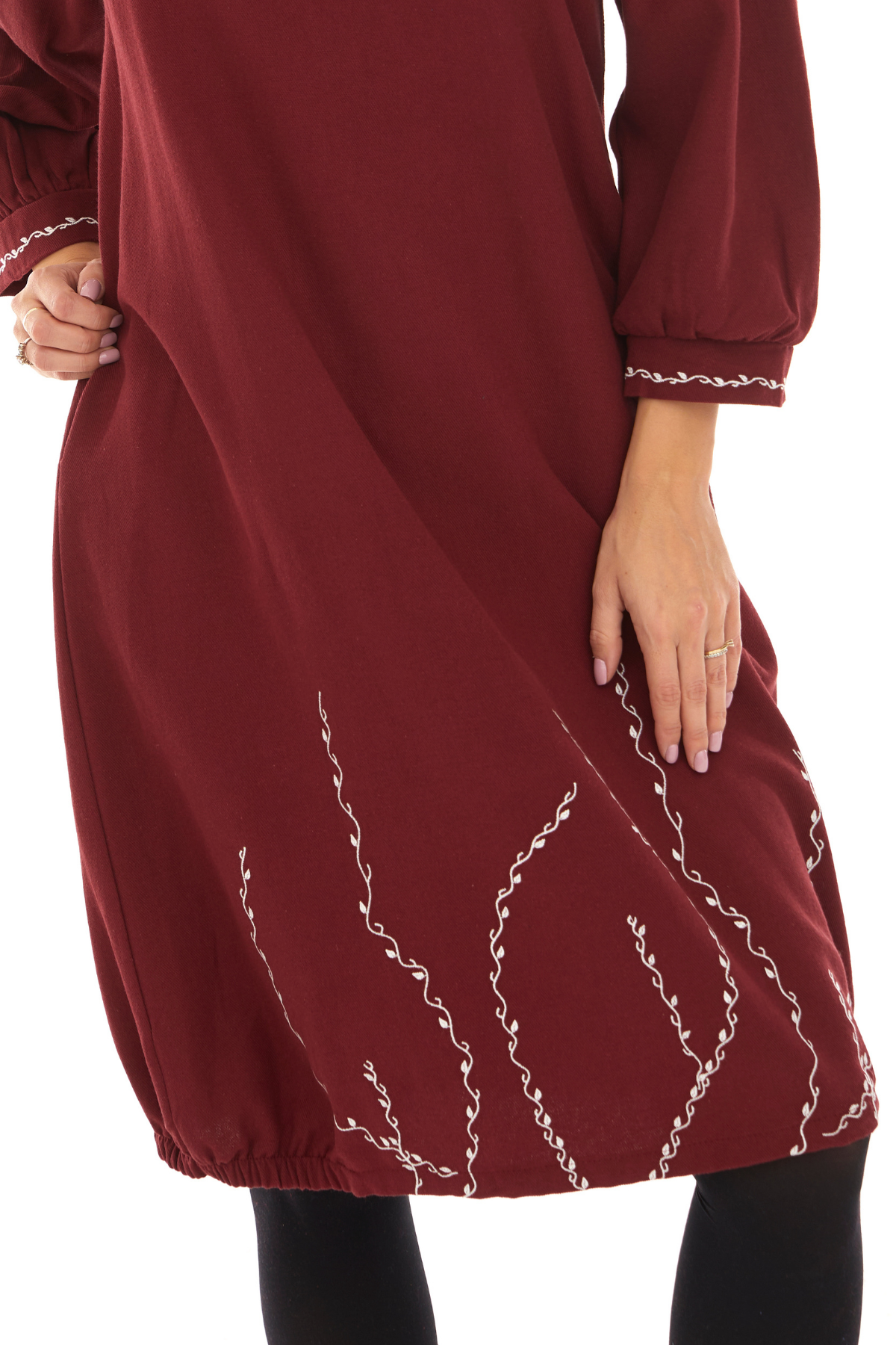 Pazen Bordo Sarmaşık İşlemeli Sonbahar Kış Elbise