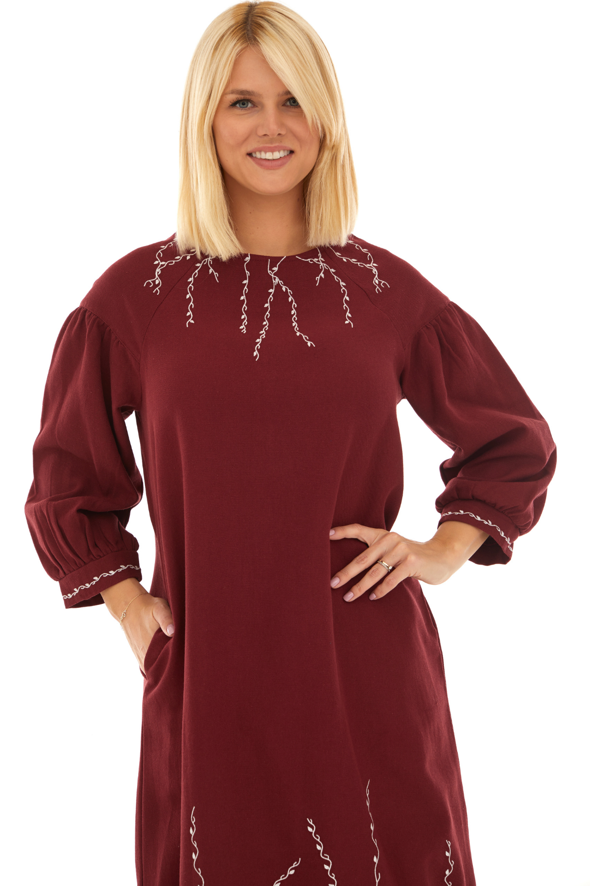 Pazen Bordo Sarmaşık İşlemeli Sonbahar Kış Elbise