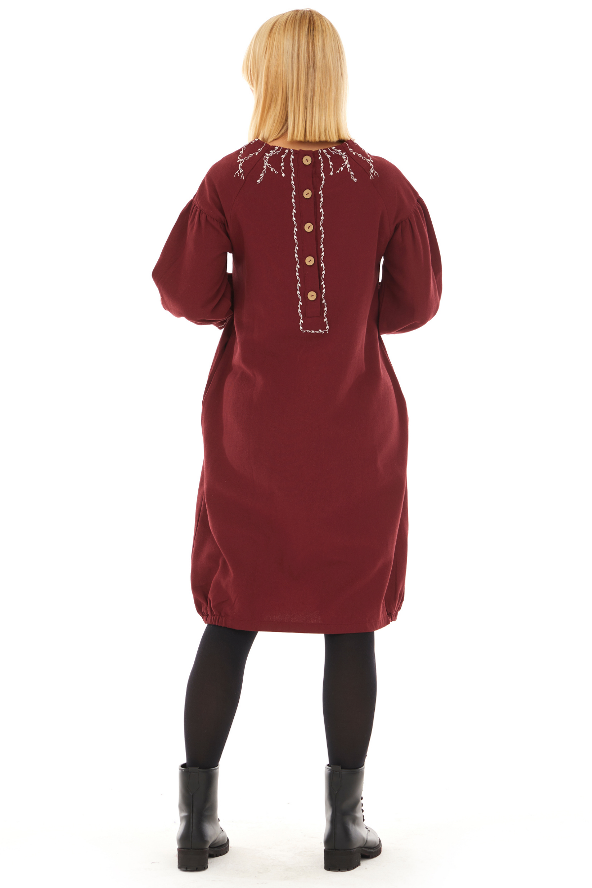 Pazen Bordo Sarmaşık İşlemeli Sonbahar Kış Elbise