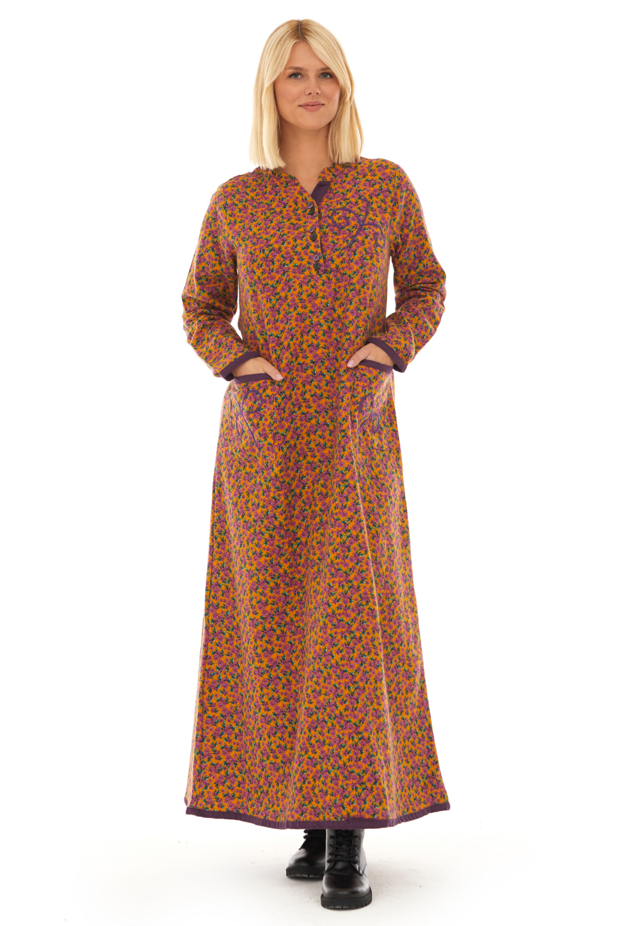 Pazen Hardal Yıldız Nakışlı Uzun Sonbahar ve Kışlık Elbise