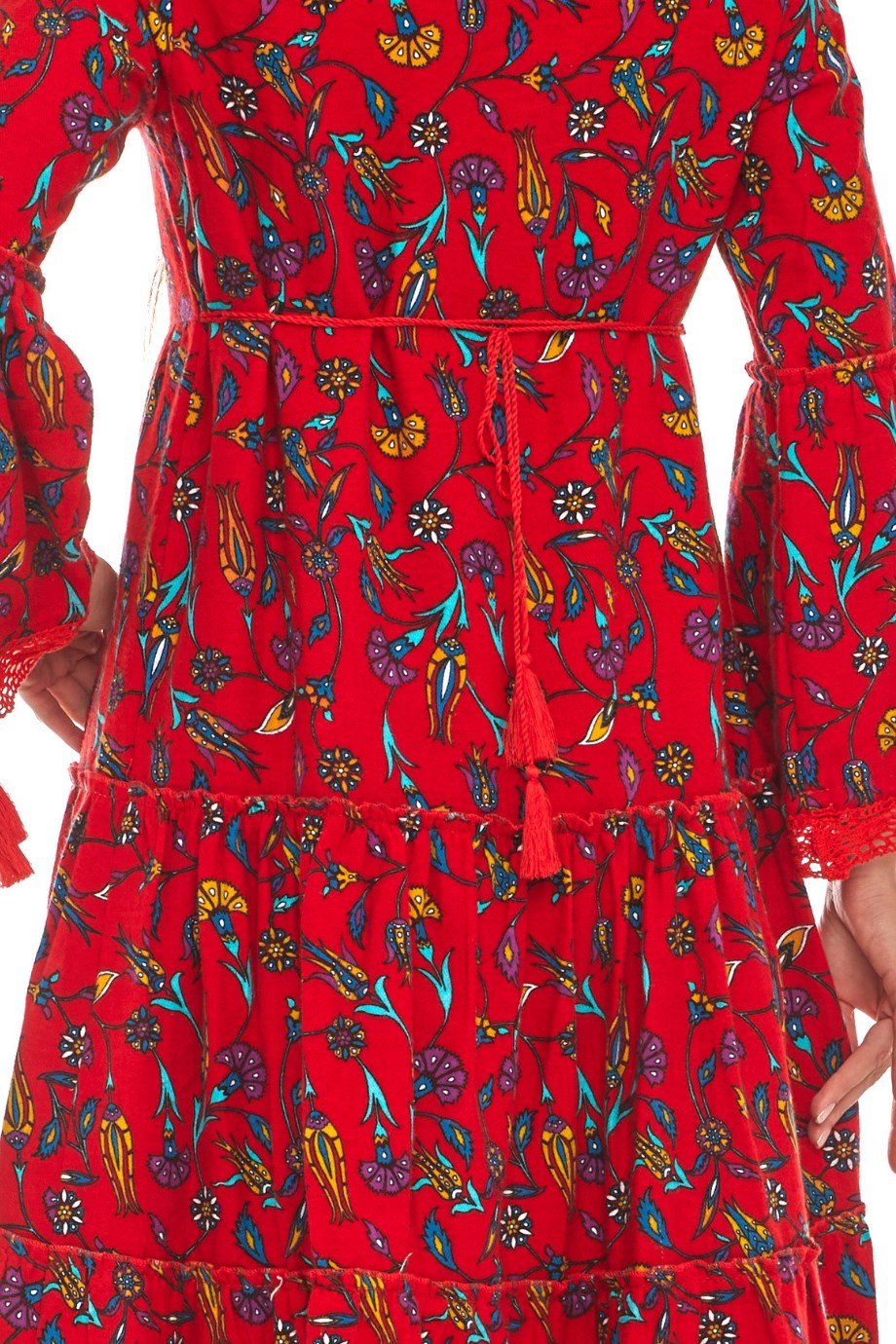 Pazen Kırmızı Dantelli Çini Desen Uzun Elbise