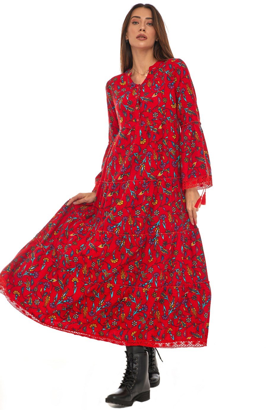 Pazen Kırmızı Dantelli Çini Desen Uzun Elbise
