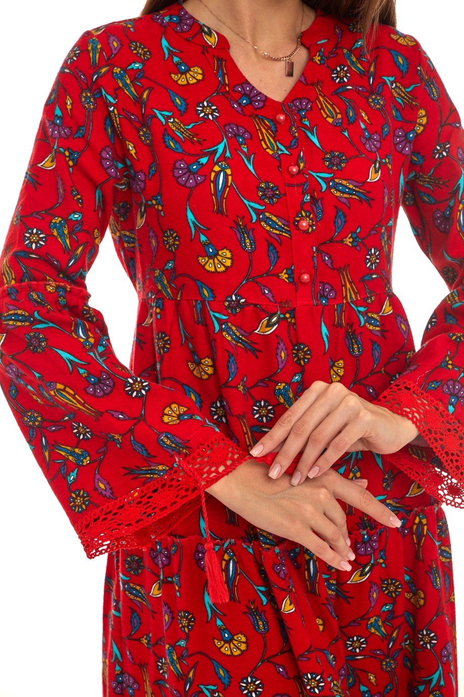 Pazen Kırmızı Dantelli Çini Desen Uzun Elbise