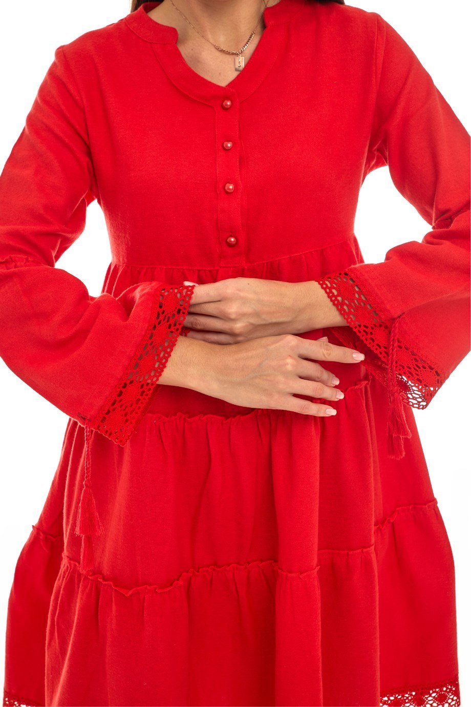 Pazen Kırmızı Düz Desen Kısa Elbise