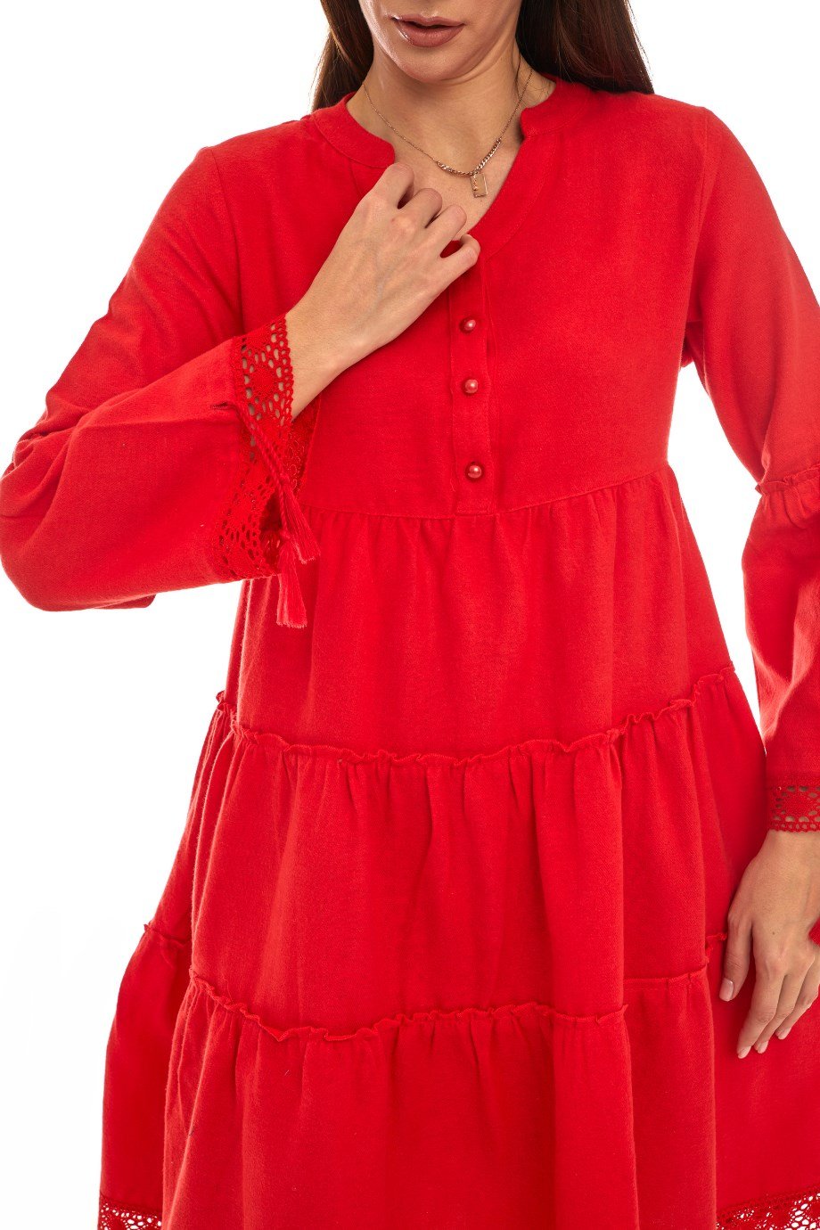 Pazen Kırmızı Düz Desen Kısa Elbise