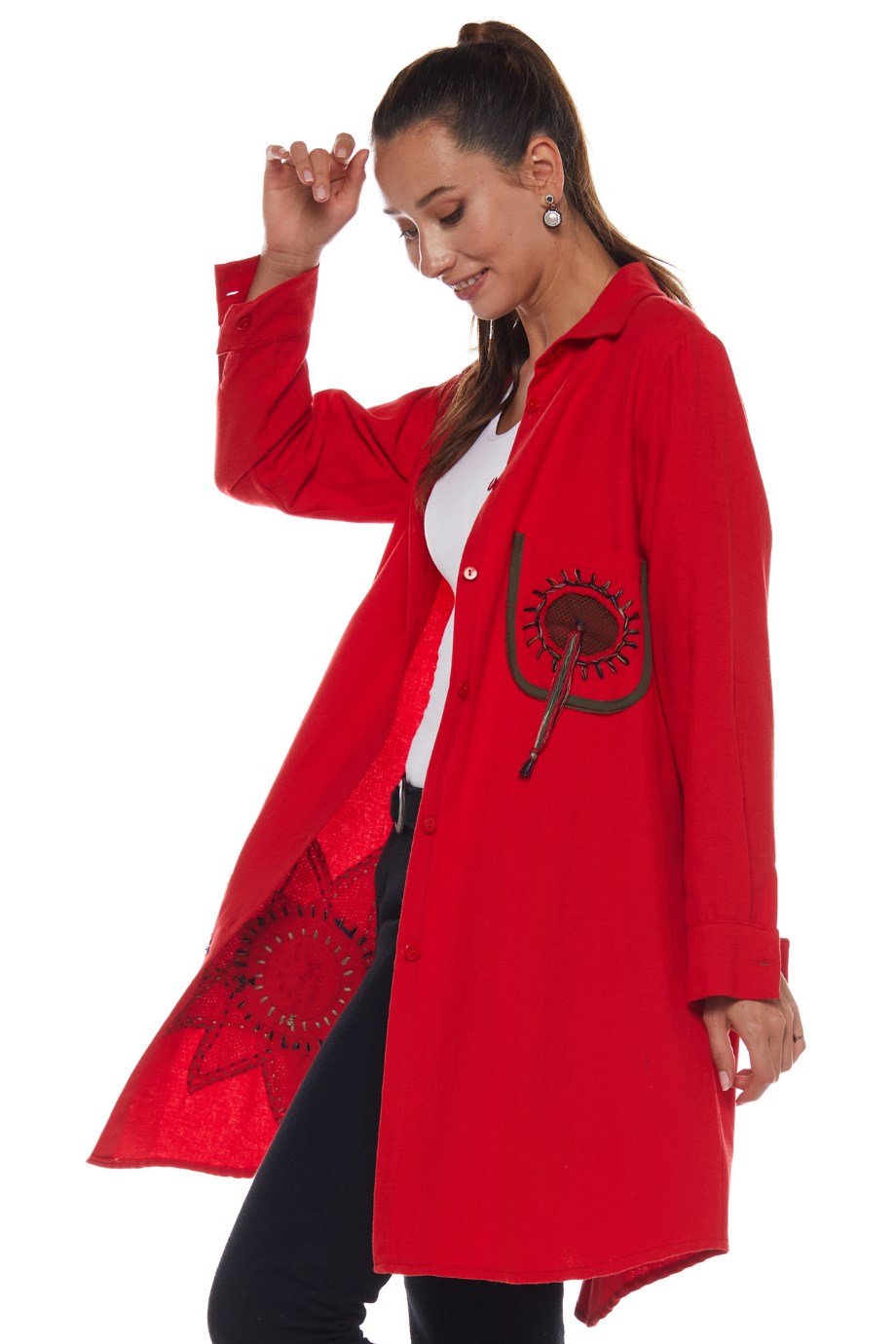 Pazen Kırmızı Otantik İşlemeli Tunik