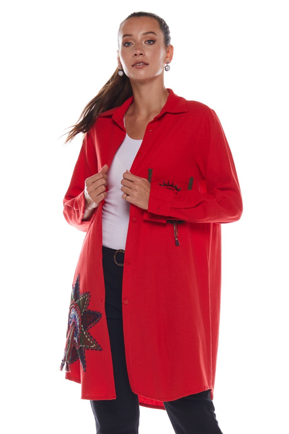 Pazen Kırmızı Otantik İşlemeli Tunik