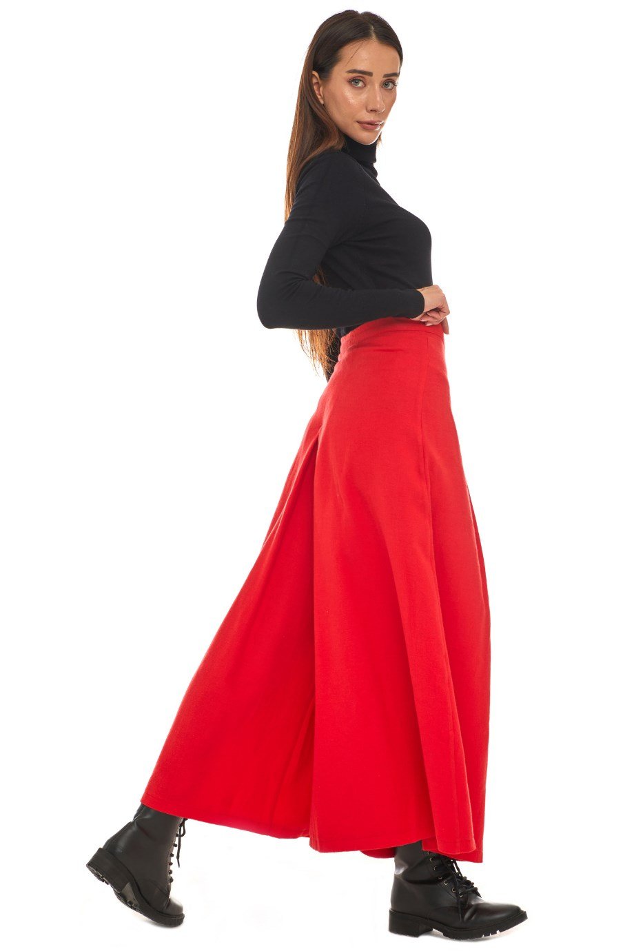 Pazen Kırmızı Pileli Geniş Paça Pantolon