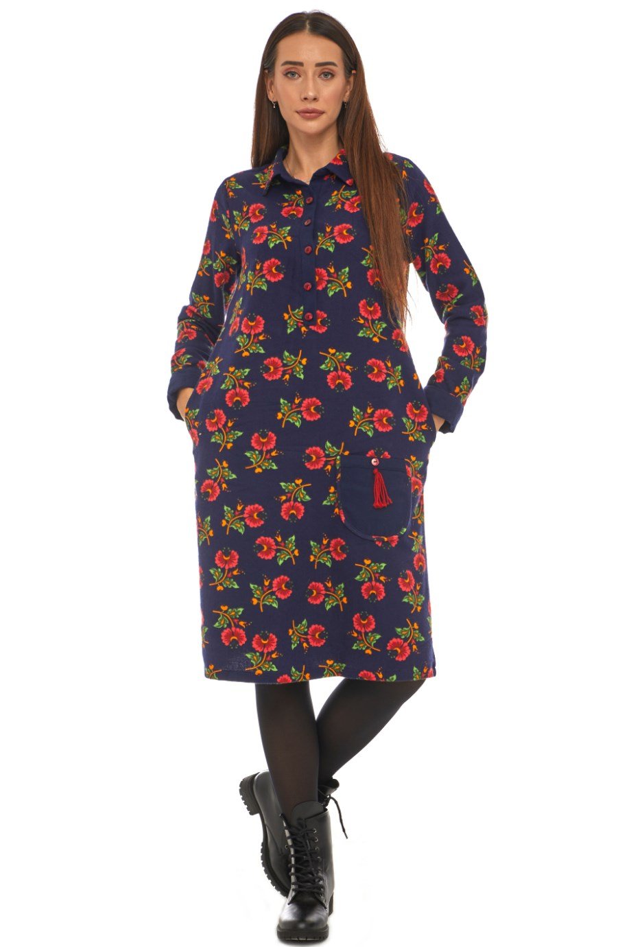 Pazen Lacivert Çiçek Desenli Cepli Elbise