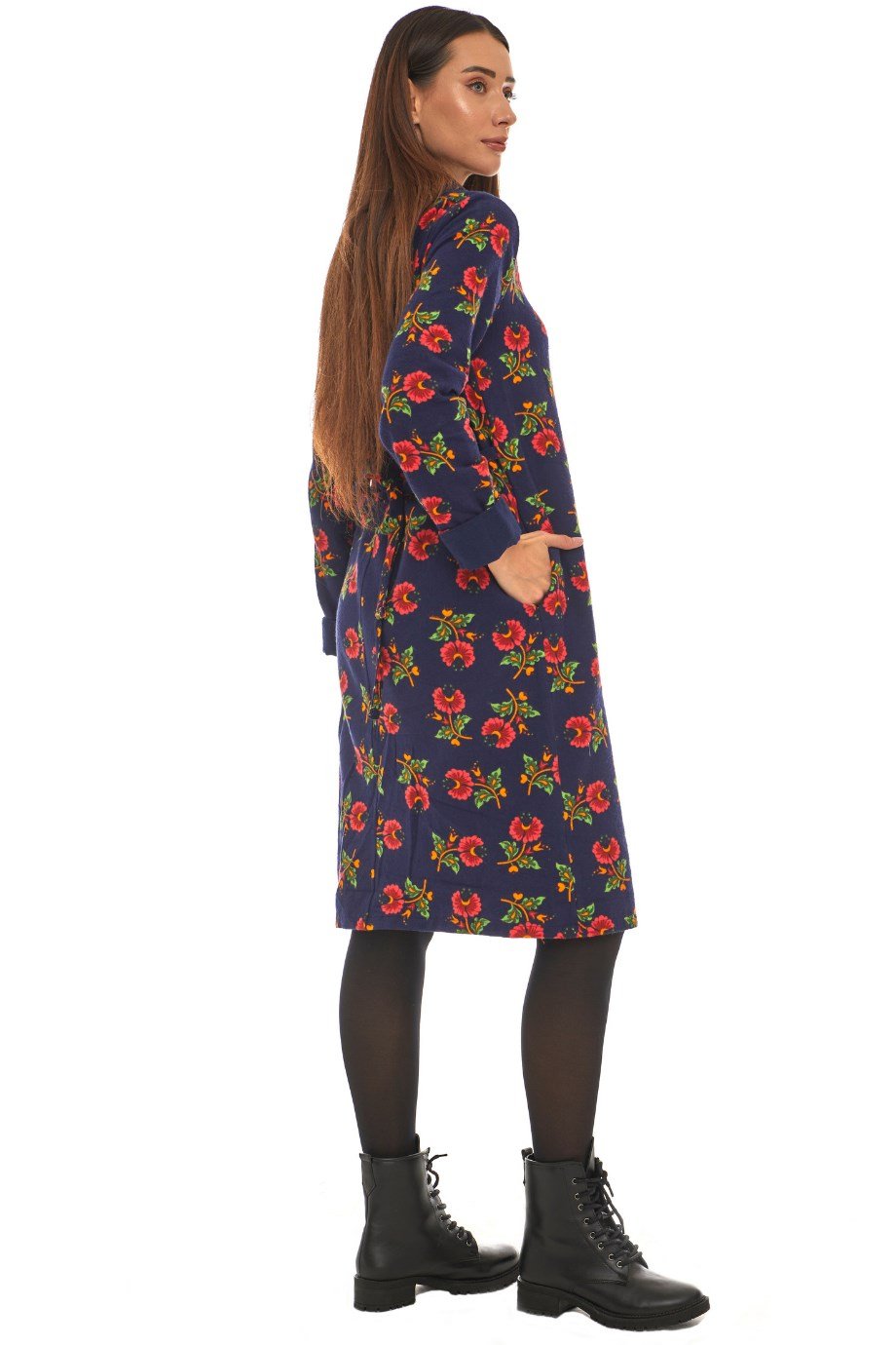 Pazen Lacivert Çiçek Desenli Cepli Elbise