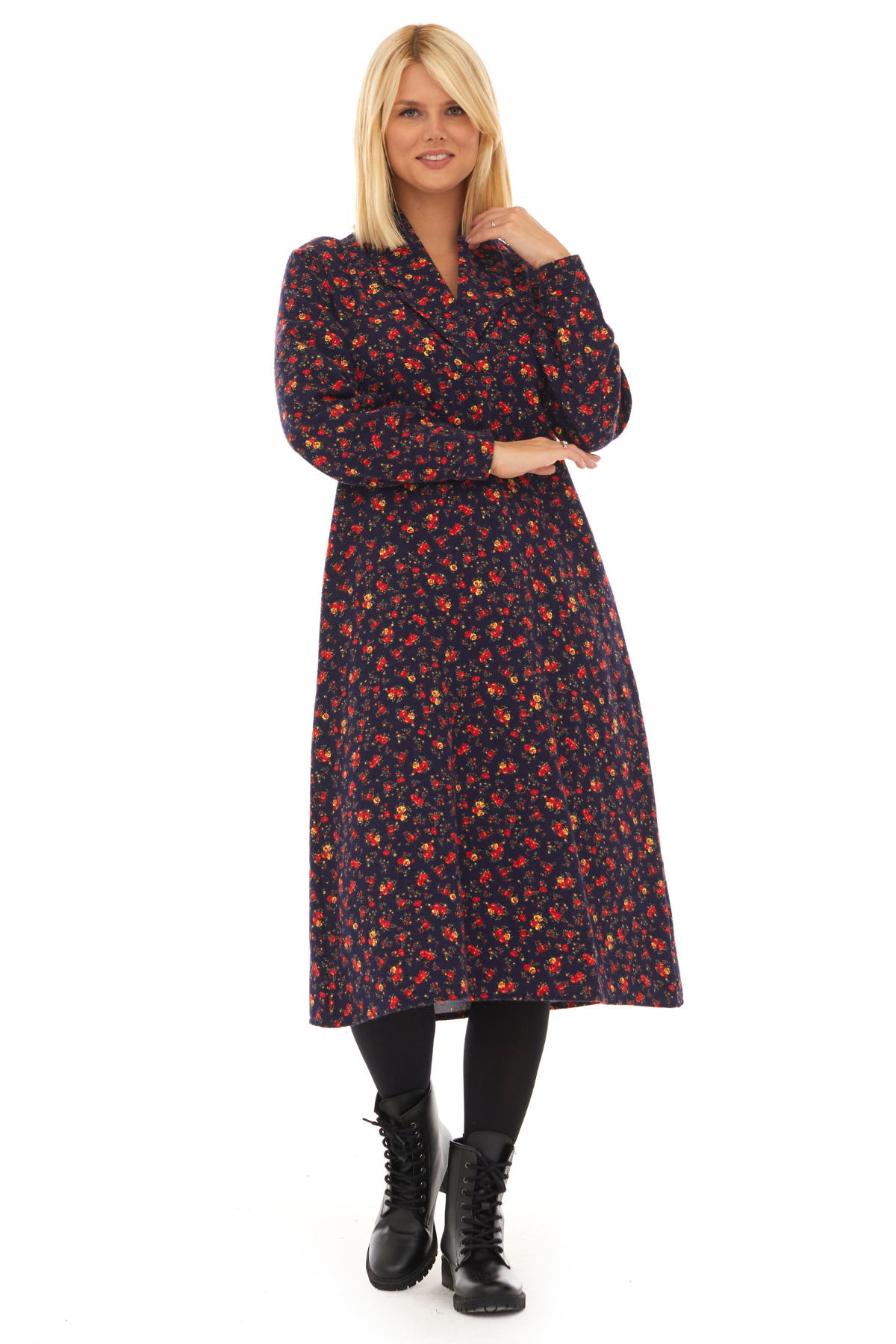 Pazen Lacivert Çiçek Detay Midi Sonbahar Kış Elbise