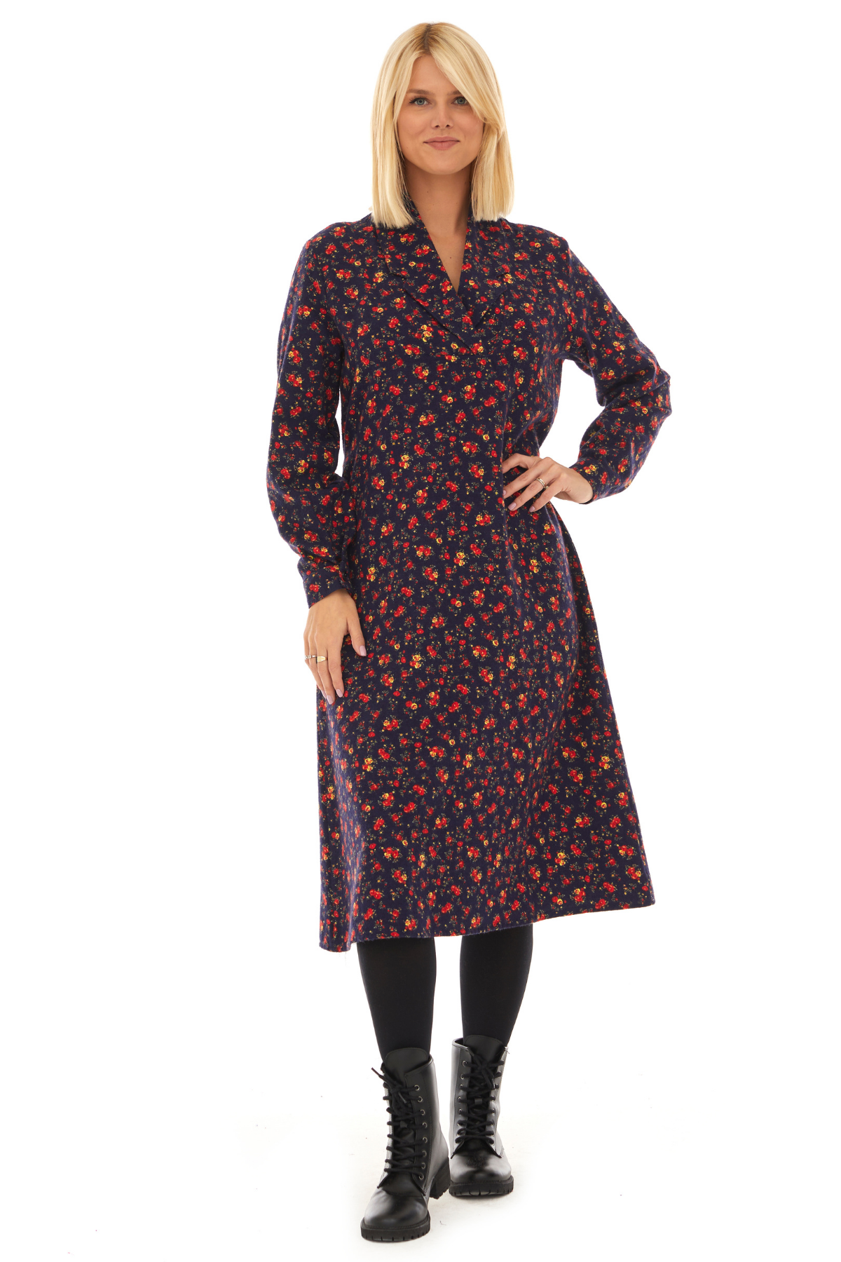 Pazen Lacivert Çiçek Detay Midi Sonbahar Kış Elbise