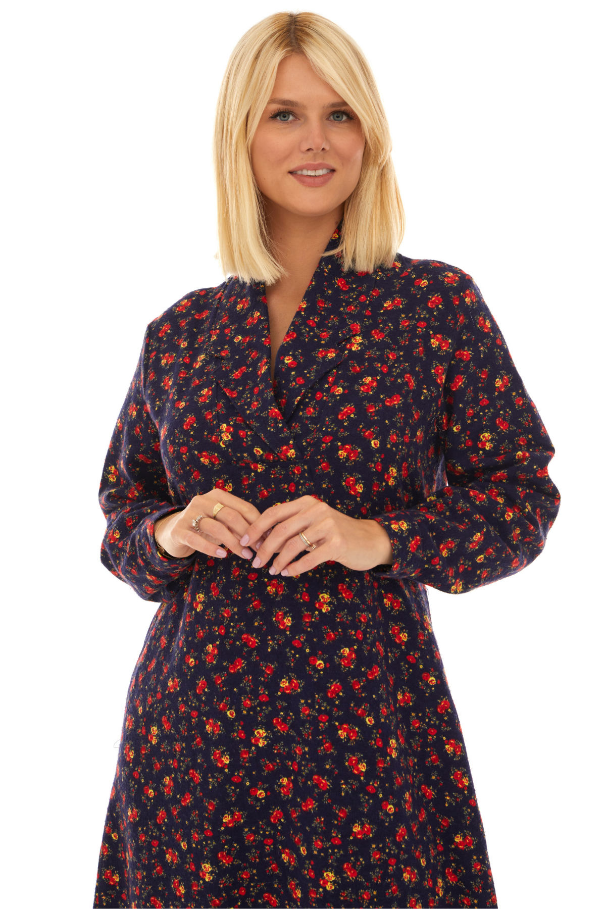 Pazen Lacivert Çiçek Detay Midi Sonbahar Kış Elbise