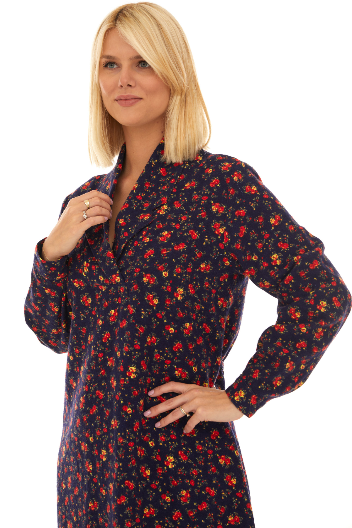 Pazen Lacivert Çiçek Detay Midi Sonbahar Kış Elbise