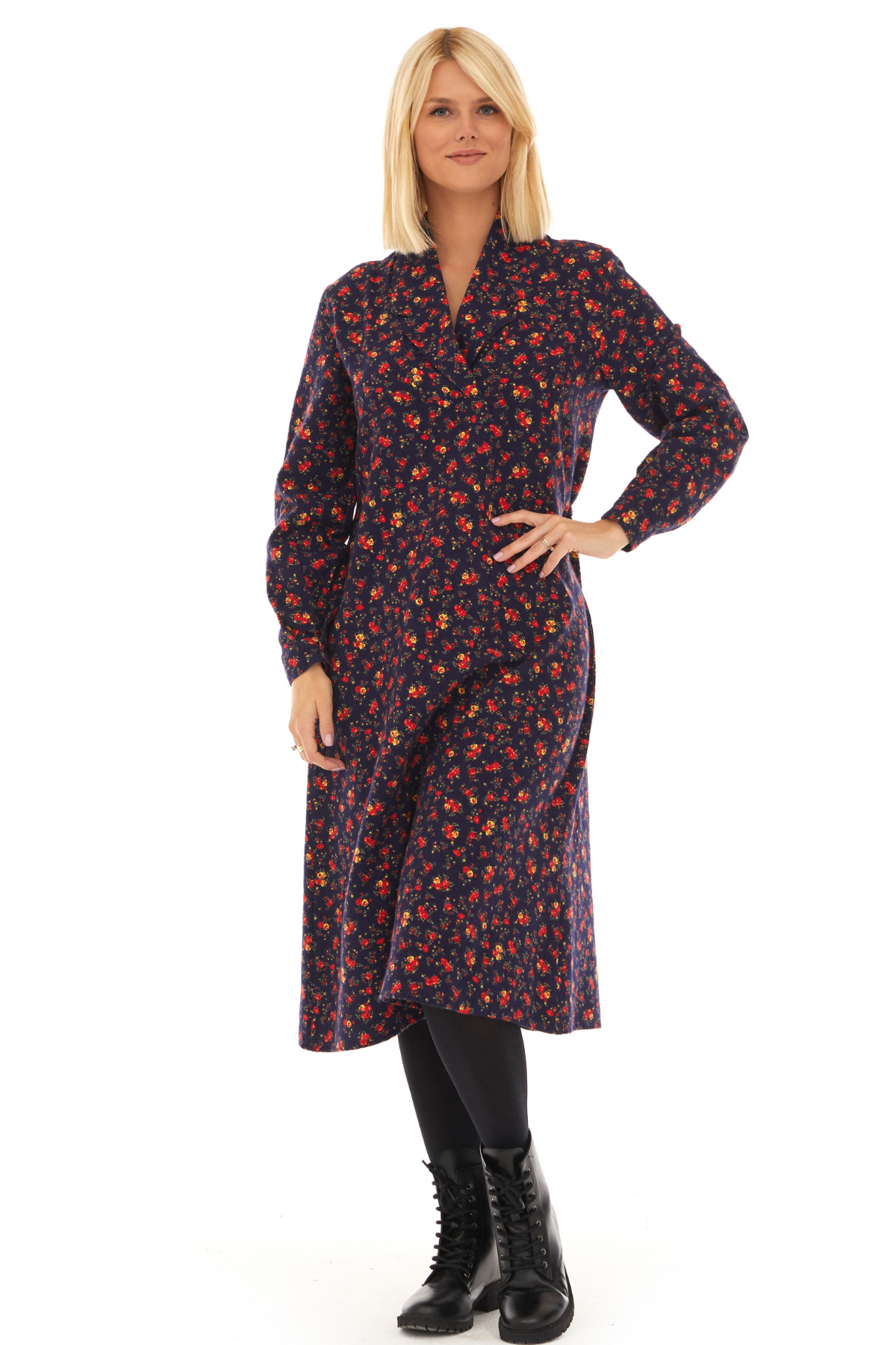 Pazen Lacivert Çiçek Detay Midi Sonbahar Kış Elbise