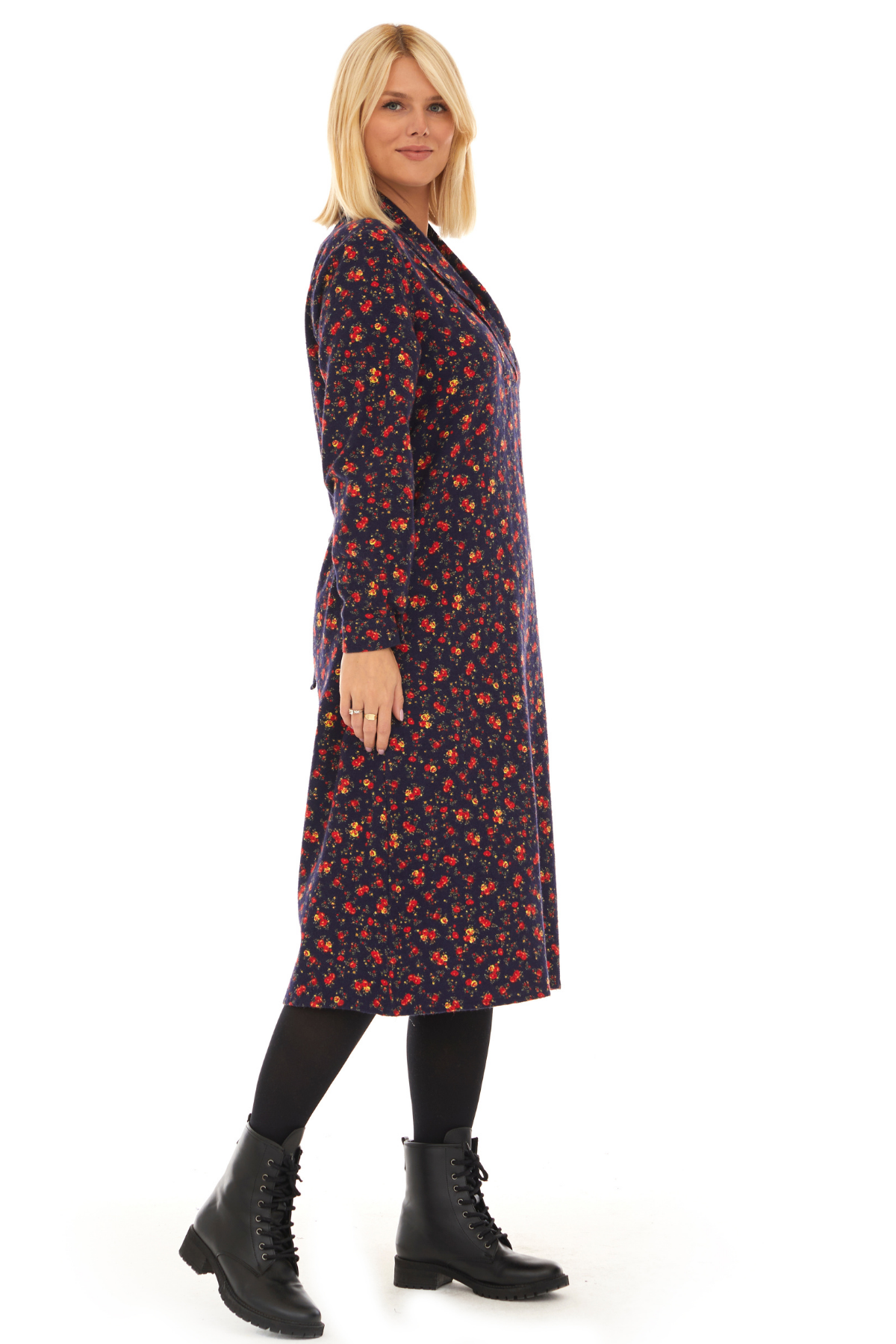 Pazen Lacivert Çiçek Detay Midi Sonbahar Kış Elbise