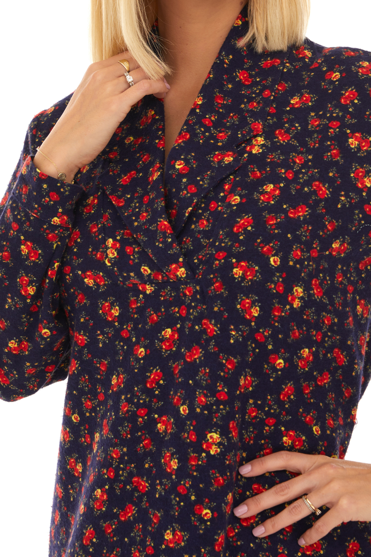 Pazen Lacivert Çiçek Detay Midi Sonbahar Kış Elbise