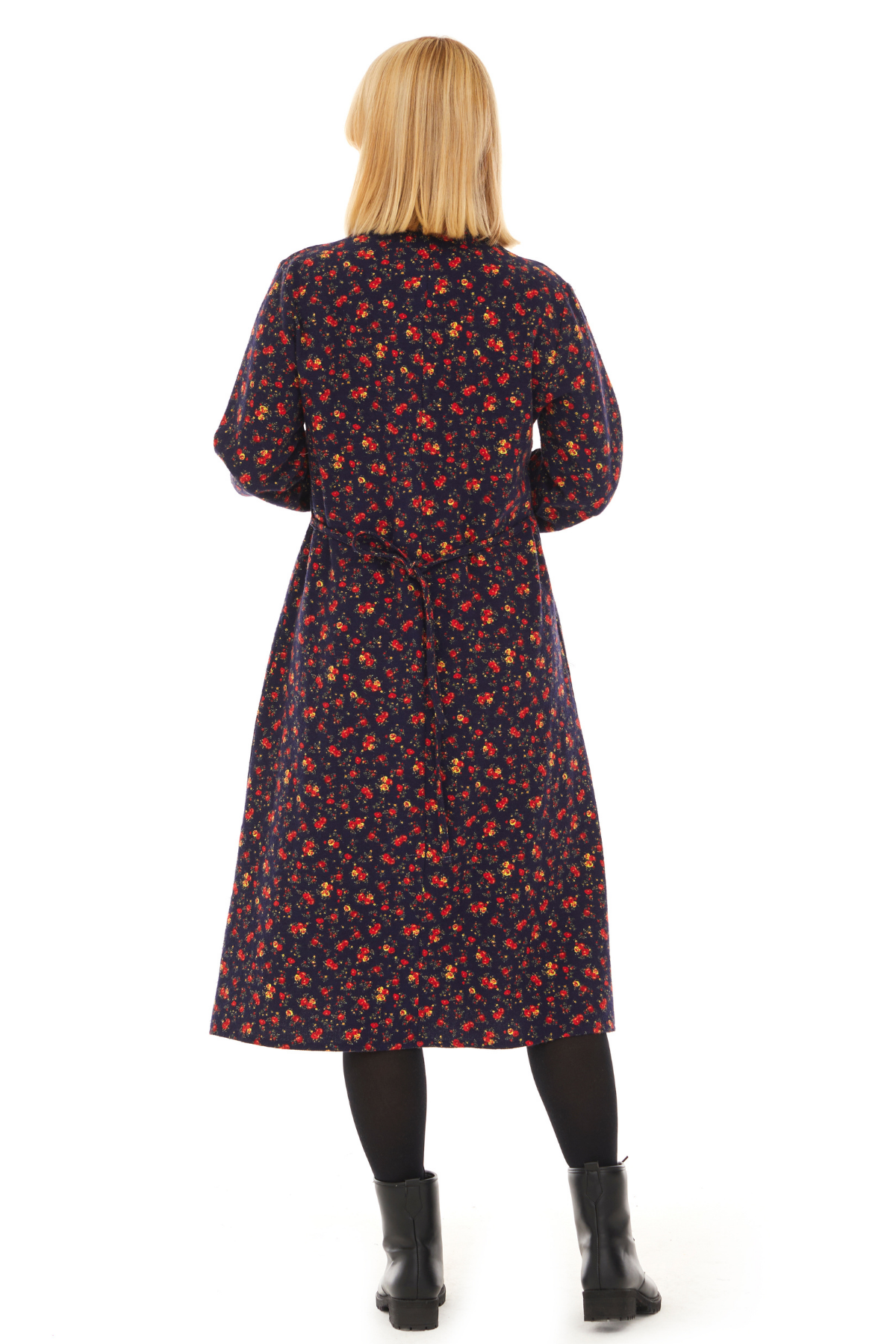 Pazen Lacivert Çiçek Detay Midi Sonbahar Kış Elbise